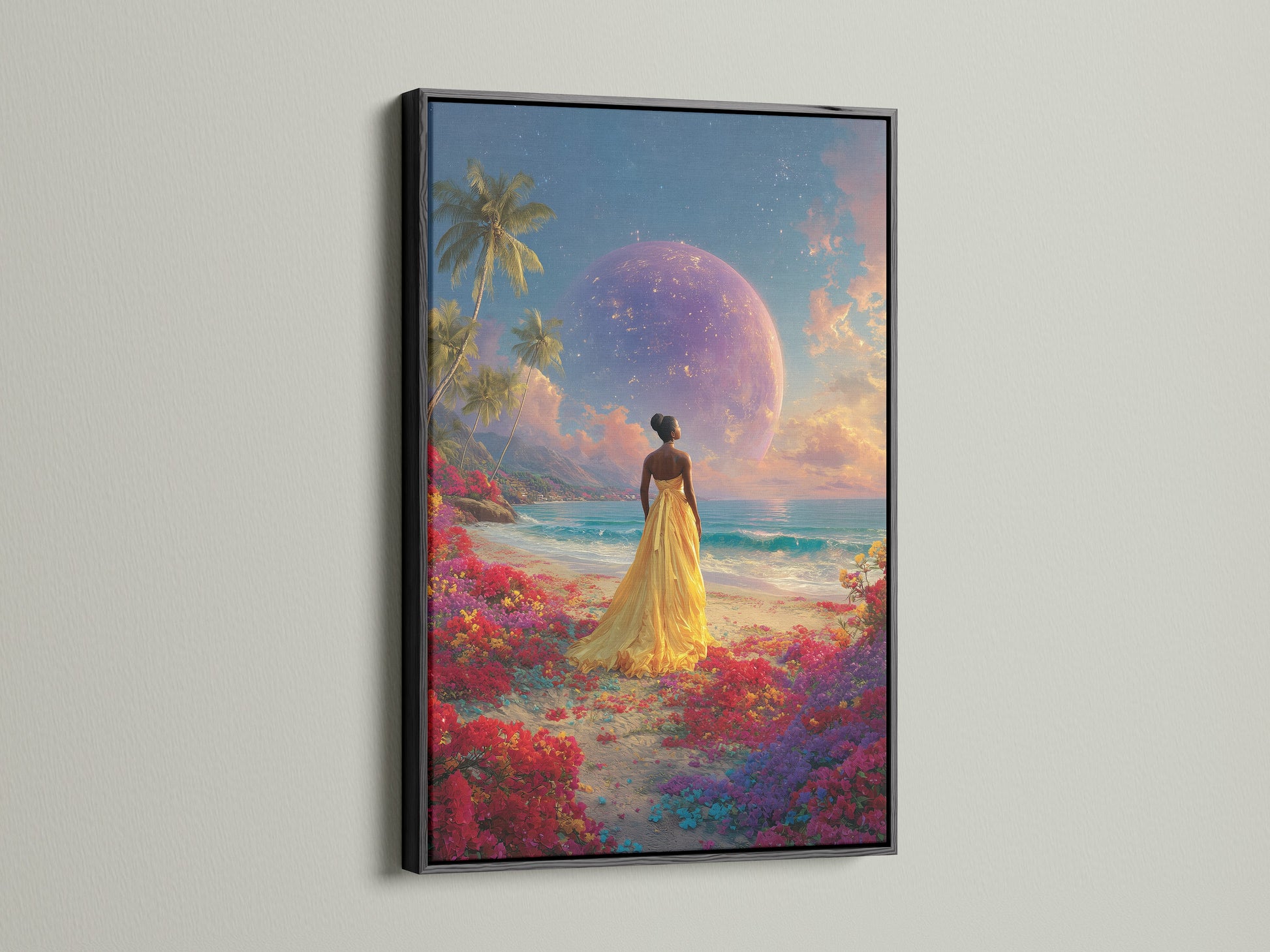 An artwork of a woman in a yellow dress on a beach with a planet in the sky is framed in black. The black frame offers a modern style. This artwork is a bold statement piece. Check out our black frame option.