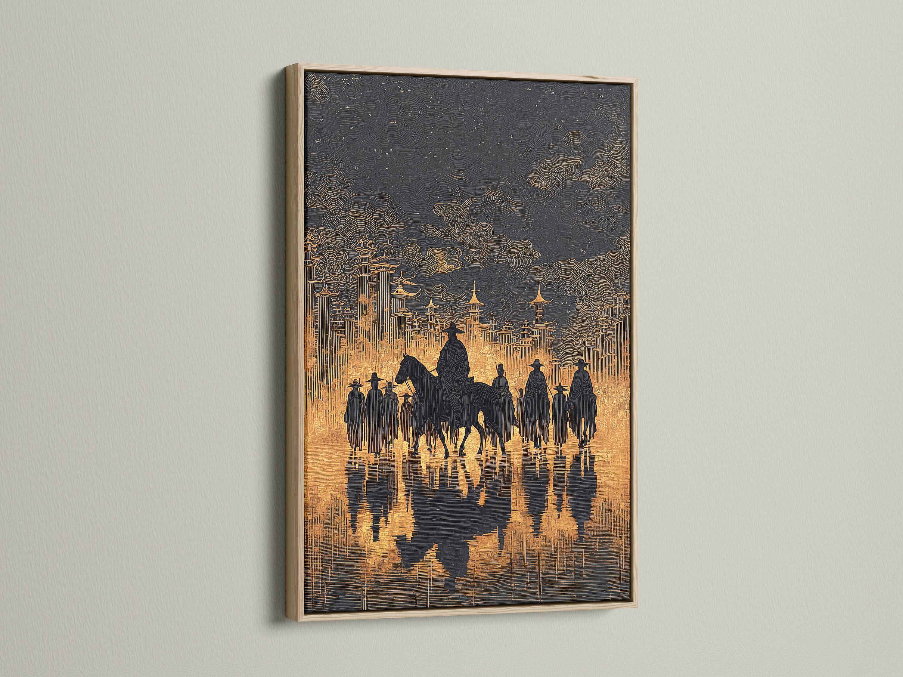 Western Cowboys Canvas Print with an oak frame. This rustic wall decor enhances country home decor. The silhouette art captures the essence of the Wild West. Perfect for western decor enthusiasts.