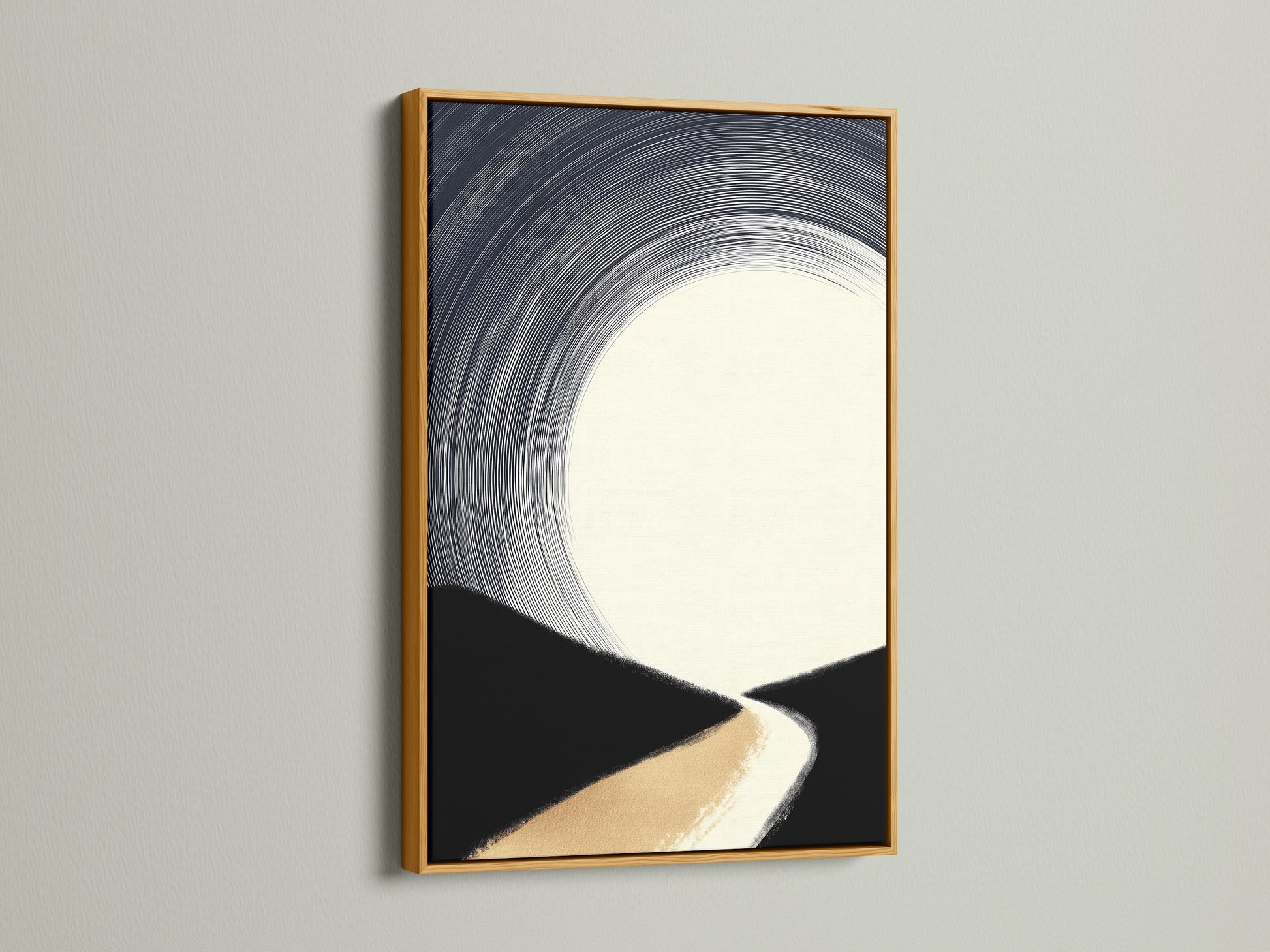 A gold frame highlights a minimalist piece of art. The artwork presents an abstract landscape. The colors are beige black and white. This frame and artwork combo adds a touch of luxury. Perfect for enhancing living rooms bedrooms and offices with modern elegance.
