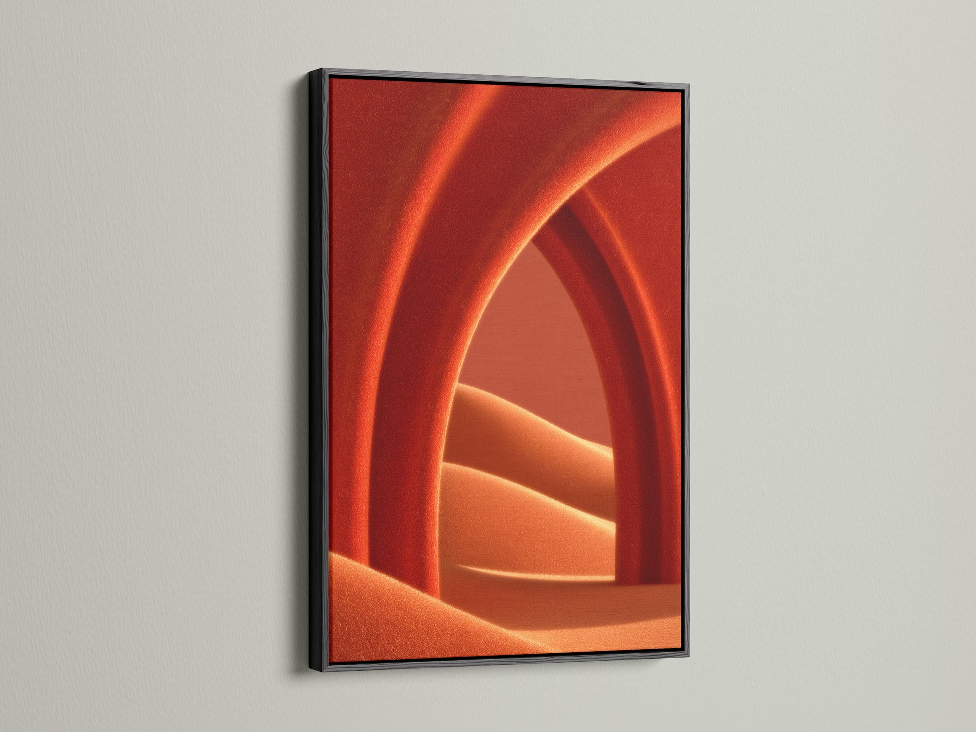 Abstract Terracotta Wall Art showcased in a black frame. The sleek black frame adds contrast to the warm earth tones. A modern minimalist poster perfect as bedroom wall decor. The abstract canvas complements contemporary styled spaces. Enhance your living space with modern artwork.