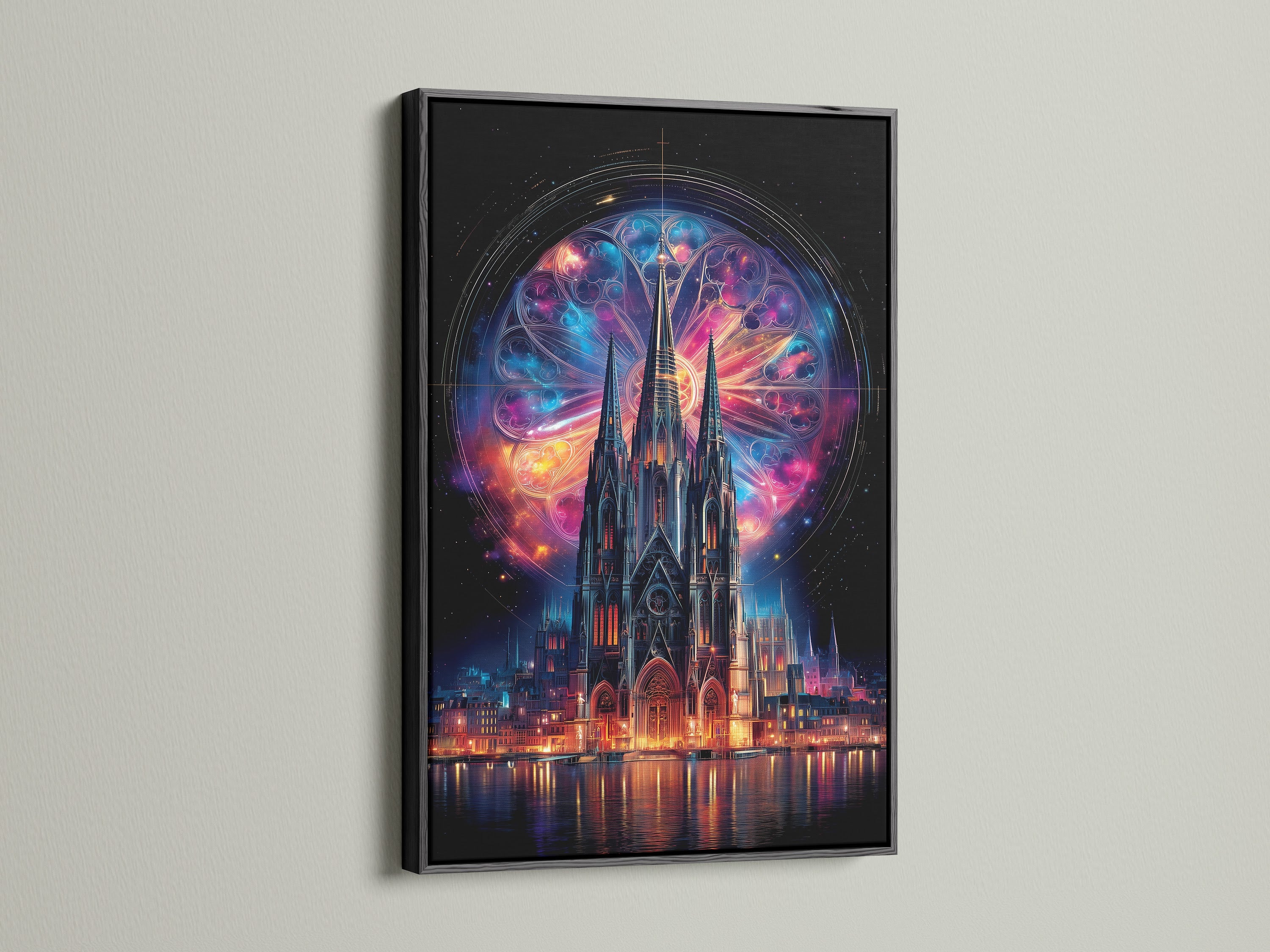 Gothic Cathedral artwork. A cosmic stained glass wall art piece with a black frame. This mystical fantasy architecture canvas elevates any room. Great for living room bedroom or office wall art.