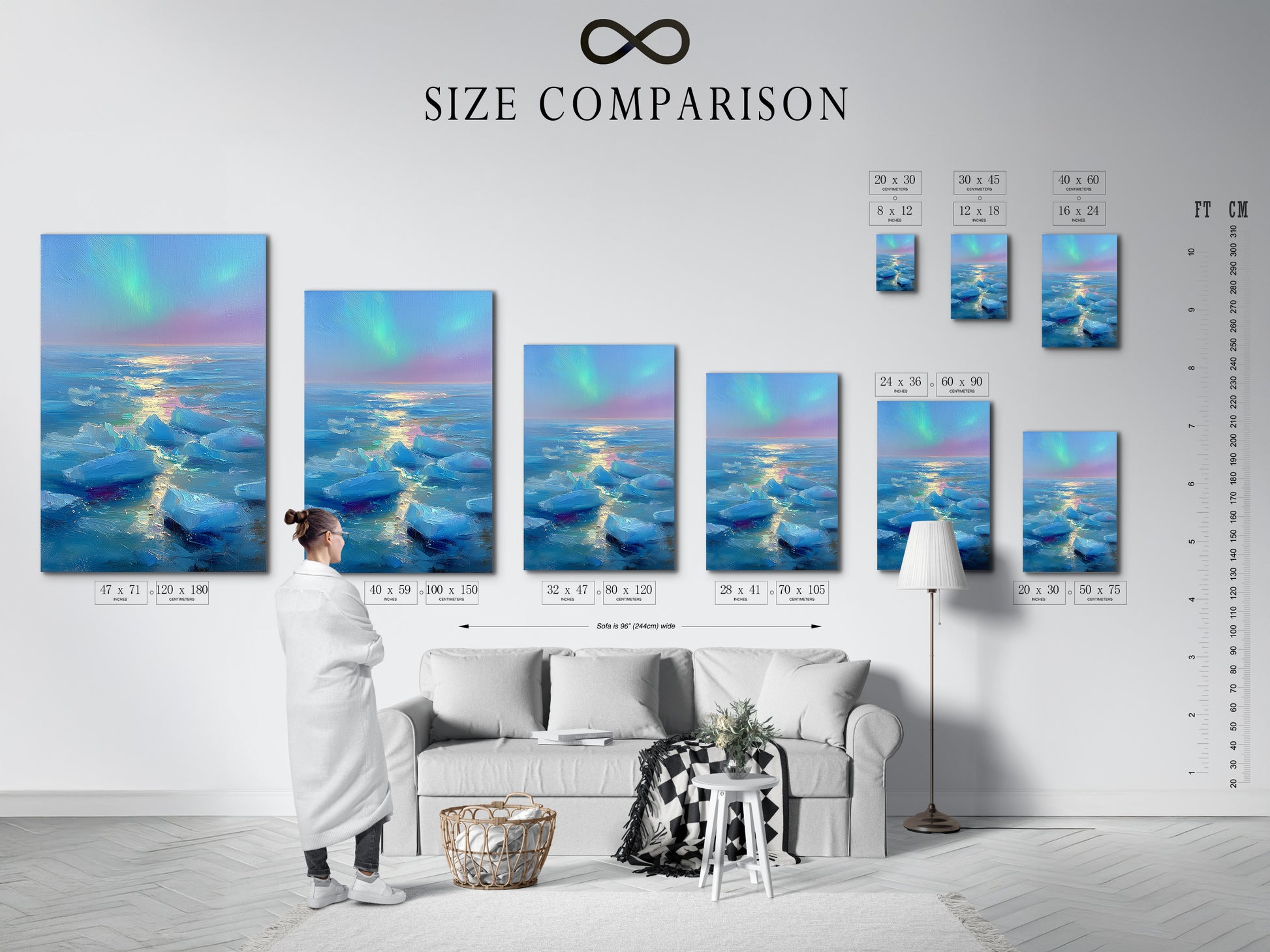 A size comparison chart is displayed in an interior setting. The chart helps you visualize the different artwork sizes. It ensures you find the perfect fit for your space. This allows you to make an informed decision about your art purchase.