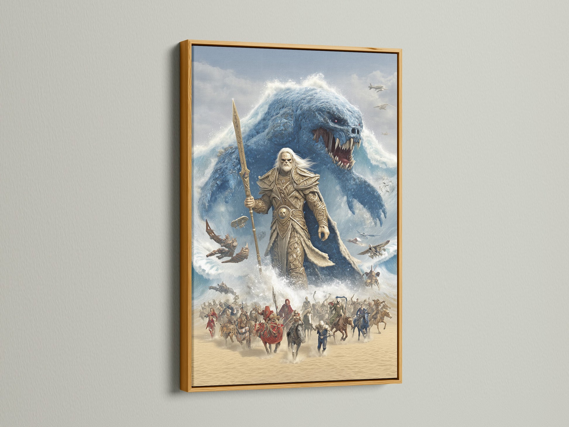 This image highlights the epic fantasy artwork in a luxurious gold frame. The gold frame adds a touch of opulence to the mythical battle scene. This artwork shows an ancient warrior versus a sea monster. This print is ideal for those looking to elevate their game room or home theater decor.