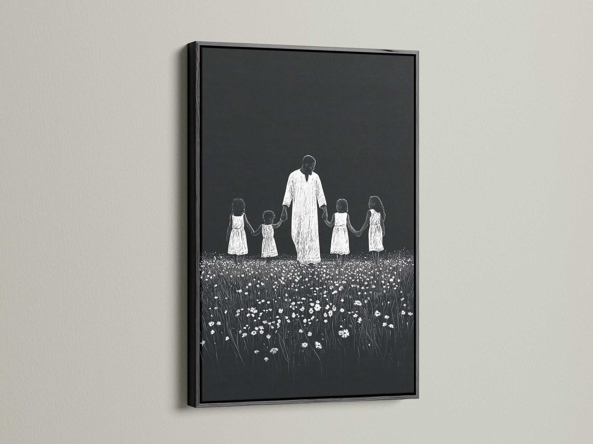 Artwork with a black frame. The art features a symbolic depiction. It shows a man holding hands with children in a field of flowers. The black frame adds a touch of sophistication. It offers a classic and bold presentation.