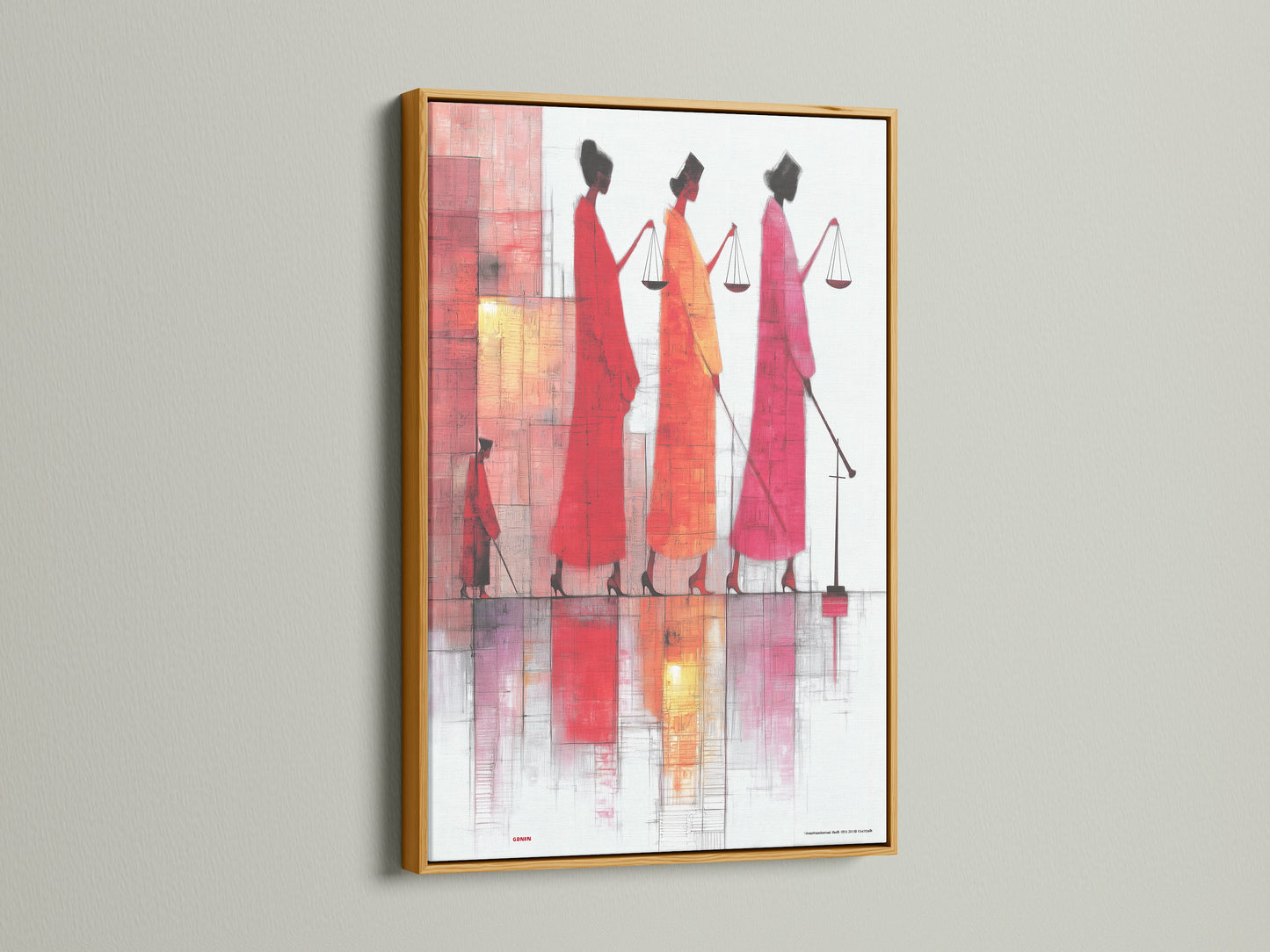 Justice Scales canvas art in a gold frame. The artwork showcases figures in vibrant robes holding scales. This symbolizes the administration of justice. Perfect lawyer gift or addition to your legal themed collection.