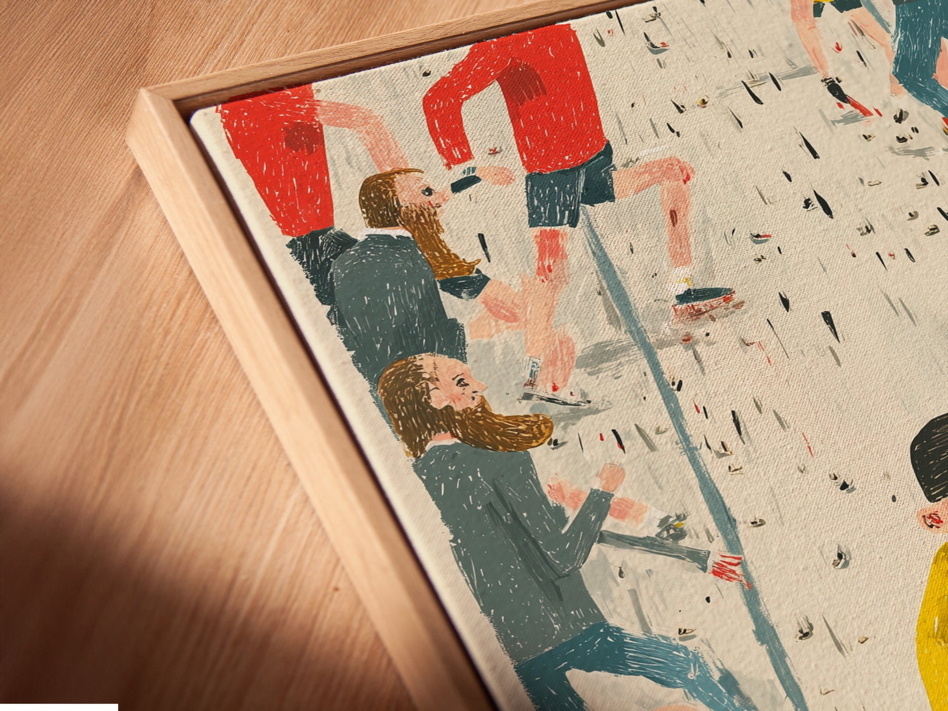 Close-up angled view of a canvas print in a floating frame. The artwork portrays a child in a wheelchair surrounded by a diverse group of people. This piece signifies inclusivity and community support. The floating frame adds a modern touch to the inspirational artwork.