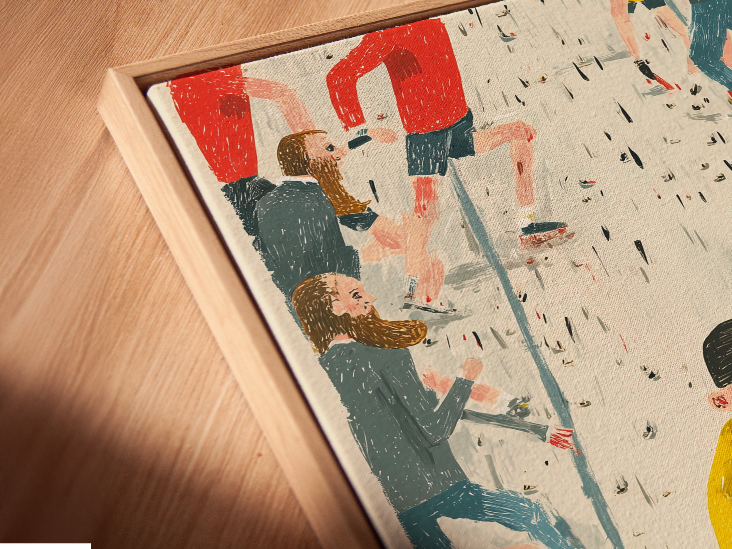 Close-up angled view of a canvas print in a floating frame. The artwork portrays a child in a wheelchair surrounded by a diverse group of people. This piece signifies inclusivity and community support. The floating frame adds a modern touch to the inspirational artwork.