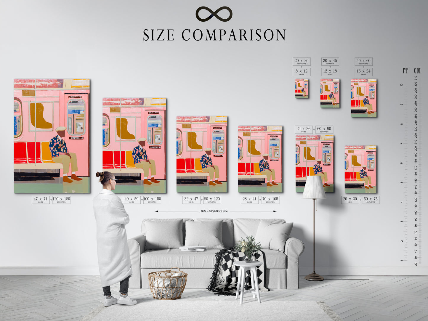 Size comparison chart in an interior setting featuring the Pink Subway Art Print. See how this modern urban transit art fits in your space. The contemporary city life poster is perfect for apartment decor. Visualize the ideal size for your living room apartment office studio lobby clinic cafรฉ or co-working space.