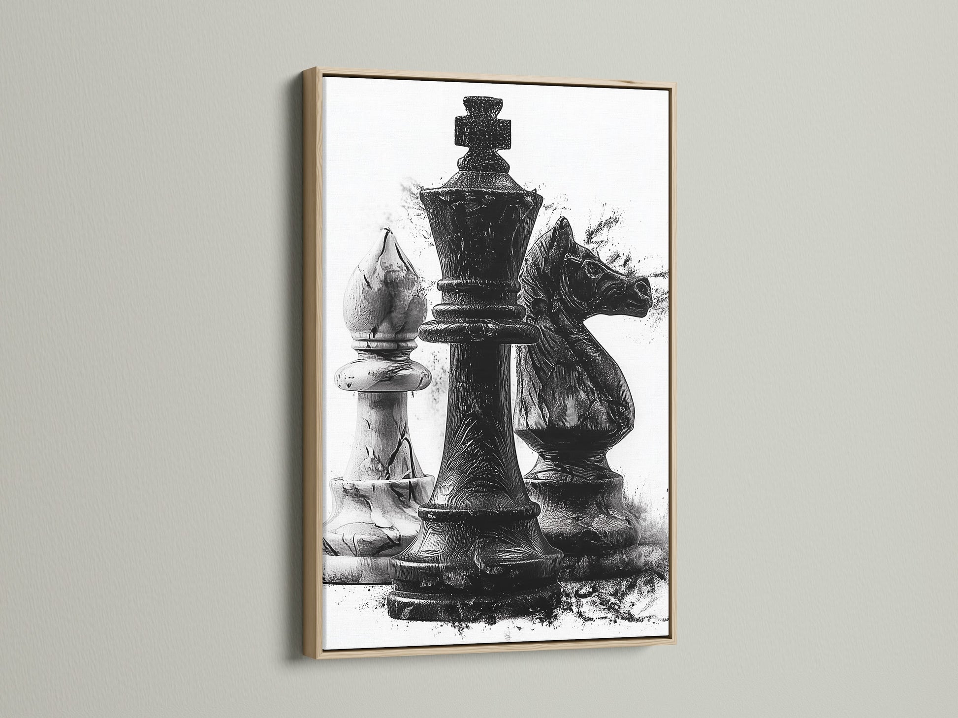 Oak frame artwork showcasing chess pieces hangs on a wall. The light enhances the art's texture. It's a perfect piece for a game room or office. The artwork adds a stylish touch to any space. Enhance your decor with this beautiful artwork.