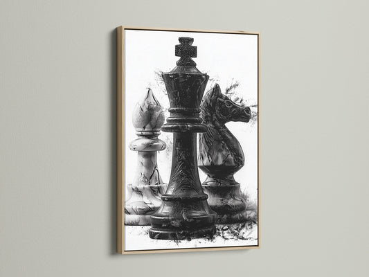 Oak frame artwork showcasing chess pieces hangs on a wall. The light enhances the art's texture. It's a perfect piece for a game room or office. The artwork adds a stylish touch to any space. Enhance your decor with this beautiful artwork.