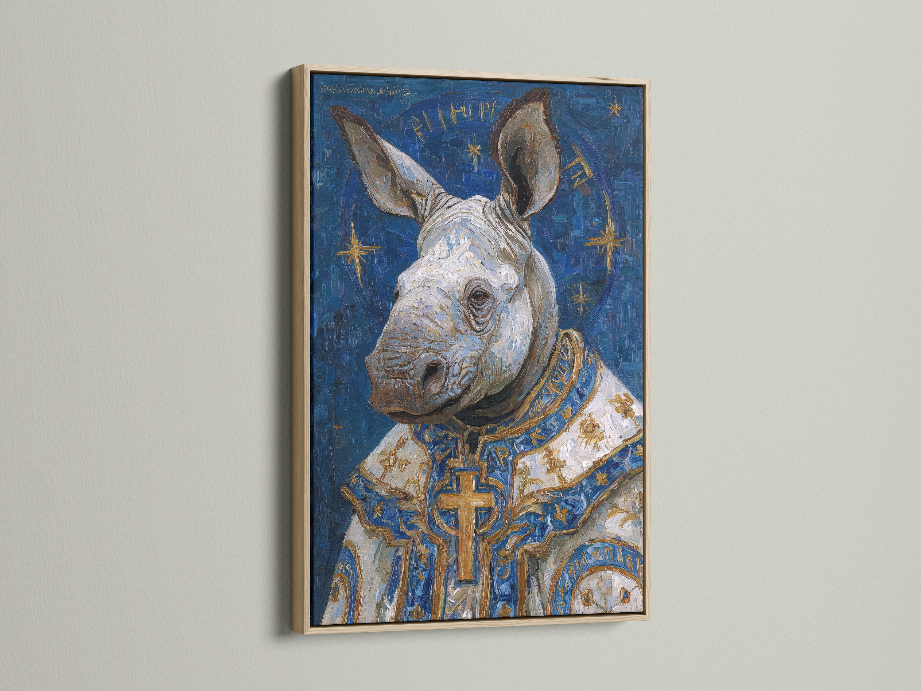 This is a close up of the rhino pope art. The oak frame enhances the medieval religious theme. It's ideal for adding an elevated touch to your eclectic or vintage style. It's a captivating animal portrait art piece.