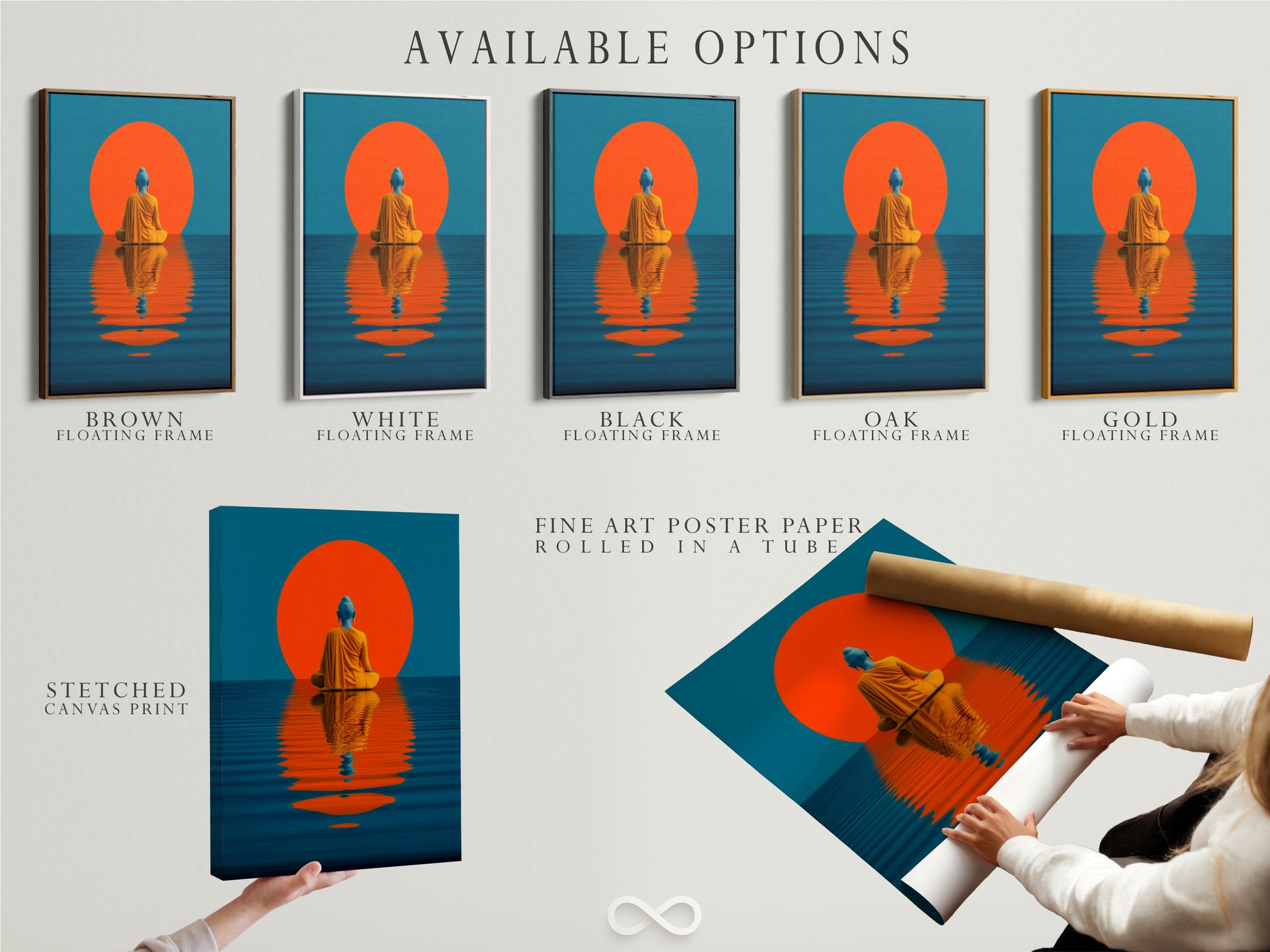 Explore available options for the teal and orange Buddha artwork. Choose from stretched canvas prints fine art poster paper or a floating frame. Find the perfect spiritual decor for your modern home. Add a touch of zen to living rooms bedrooms and yoga studios.