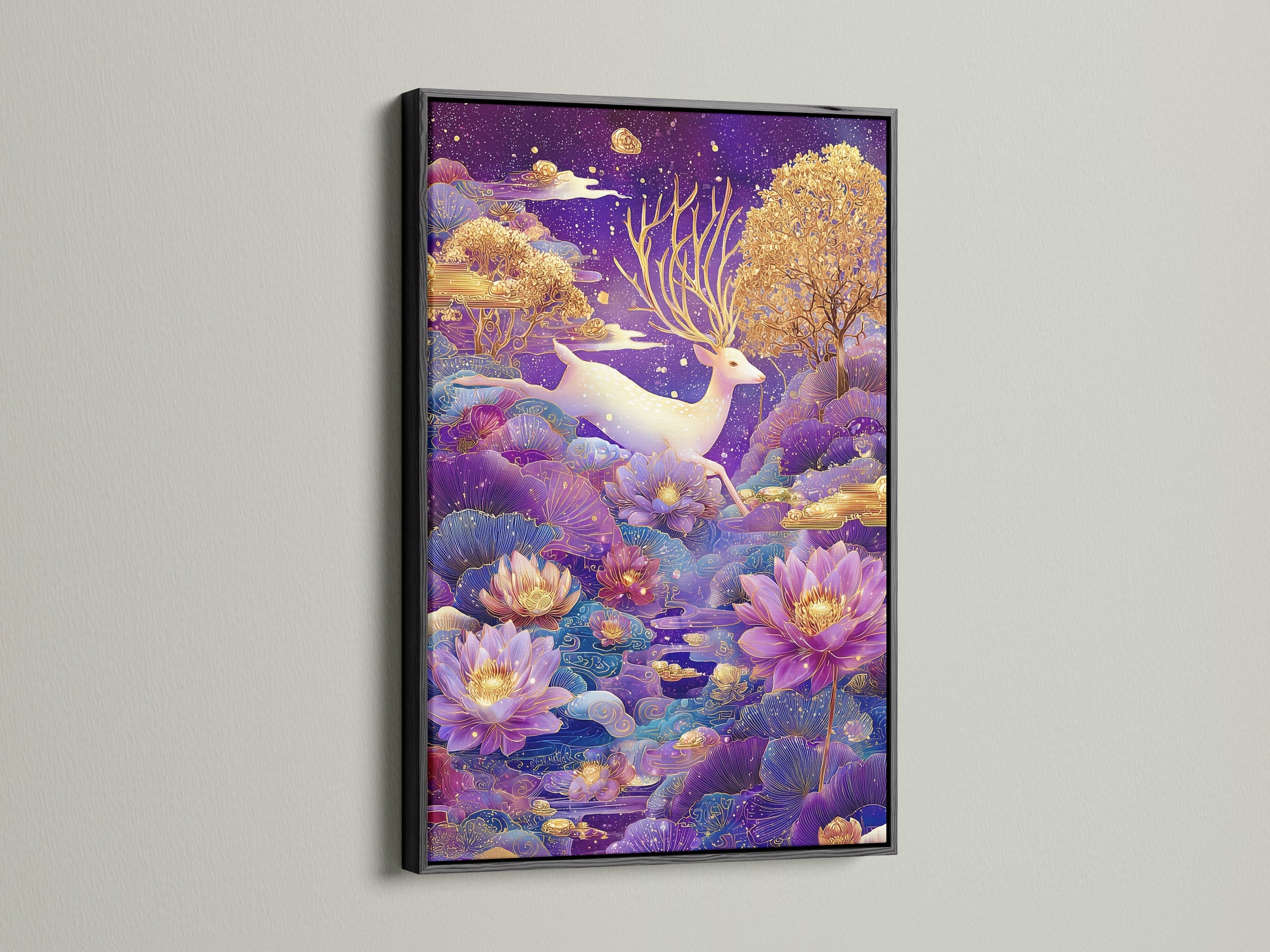 Observe the Mystical Deer artwork in a black frame. The bold black frame creates a striking contrast. It makes the purple and gold pop. Suitable for various interior styles. Transform your living room or bedroom.
