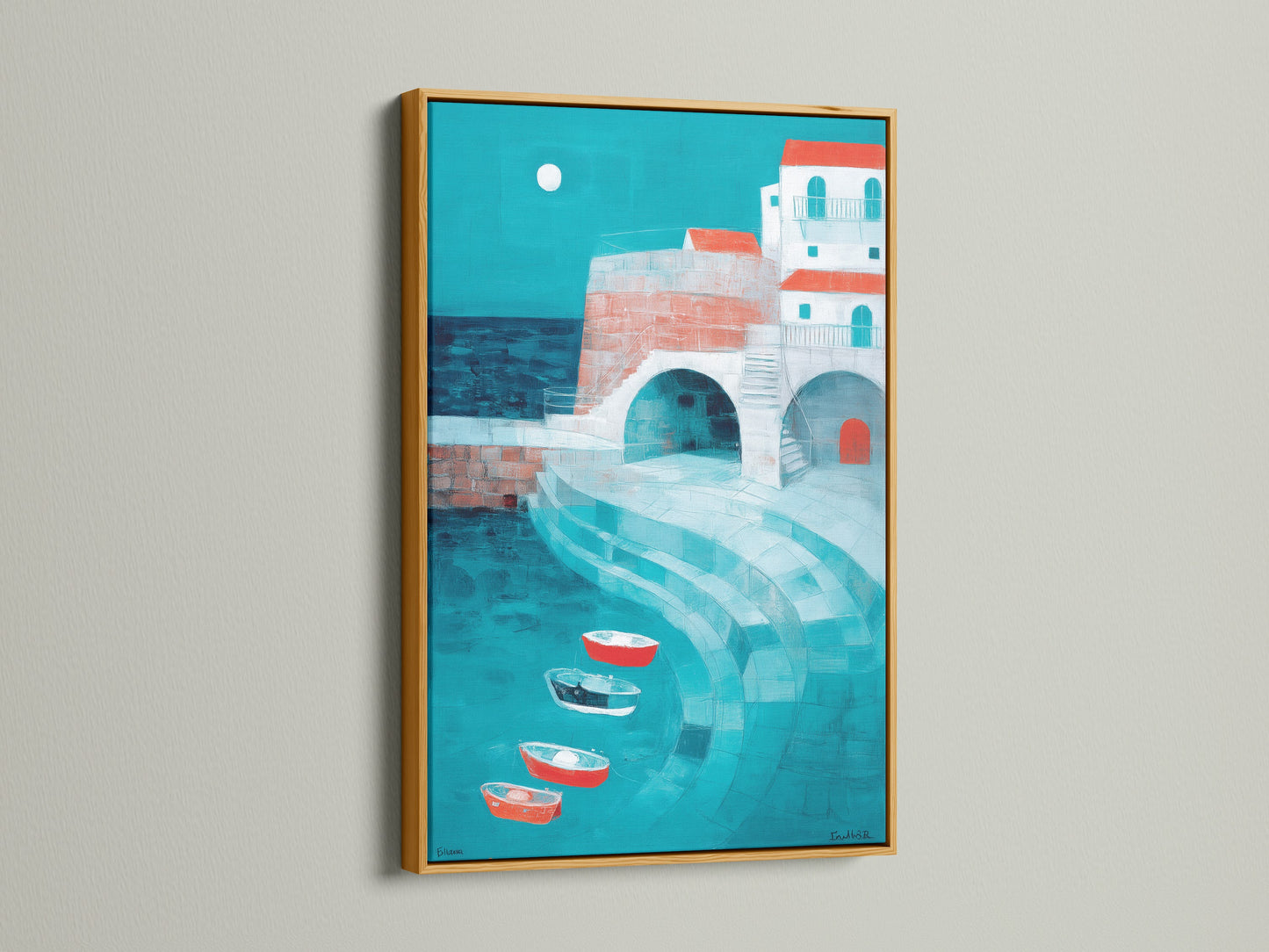The artwork is elegantly displayed in a gold frame. The metallic finish enhances the artworkโs luxurious feel. The gold frame adds a touch of glamour to the coastal scene. Turquoise waters and red boats gain richness with this framing choice. See how a gold frame can elevate your decor.