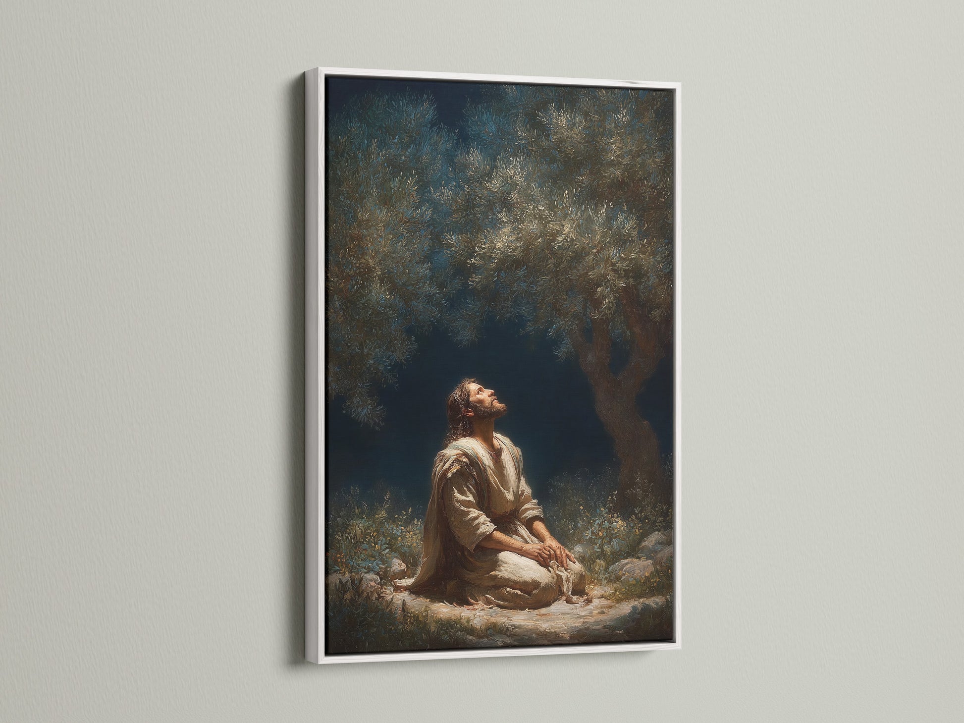 This artwork is framed in white. It offers a clean and modern look. The white frame enhances the artwork's colors. It creates a fresh and calming atmosphere. Add elegance to your home with this beautiful piece. The white frame is versatile.