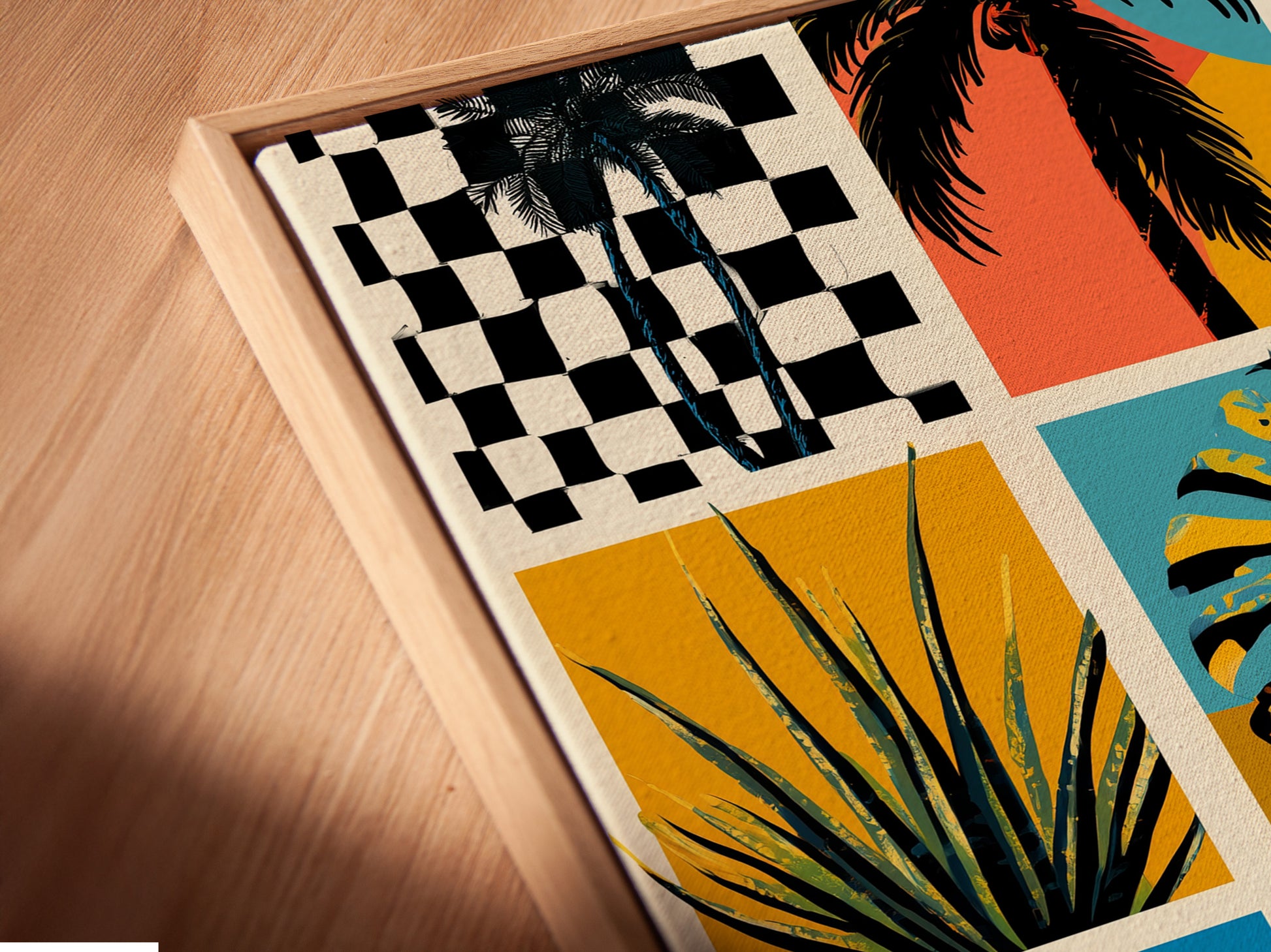 Angled close up of a canvas print in floating frame. The artwork features intricate details and vibrant colors. The floating frame adds depth and sophistication. A perfect addition to any art collection. The canvas print enhances the texture and richness of the piece.