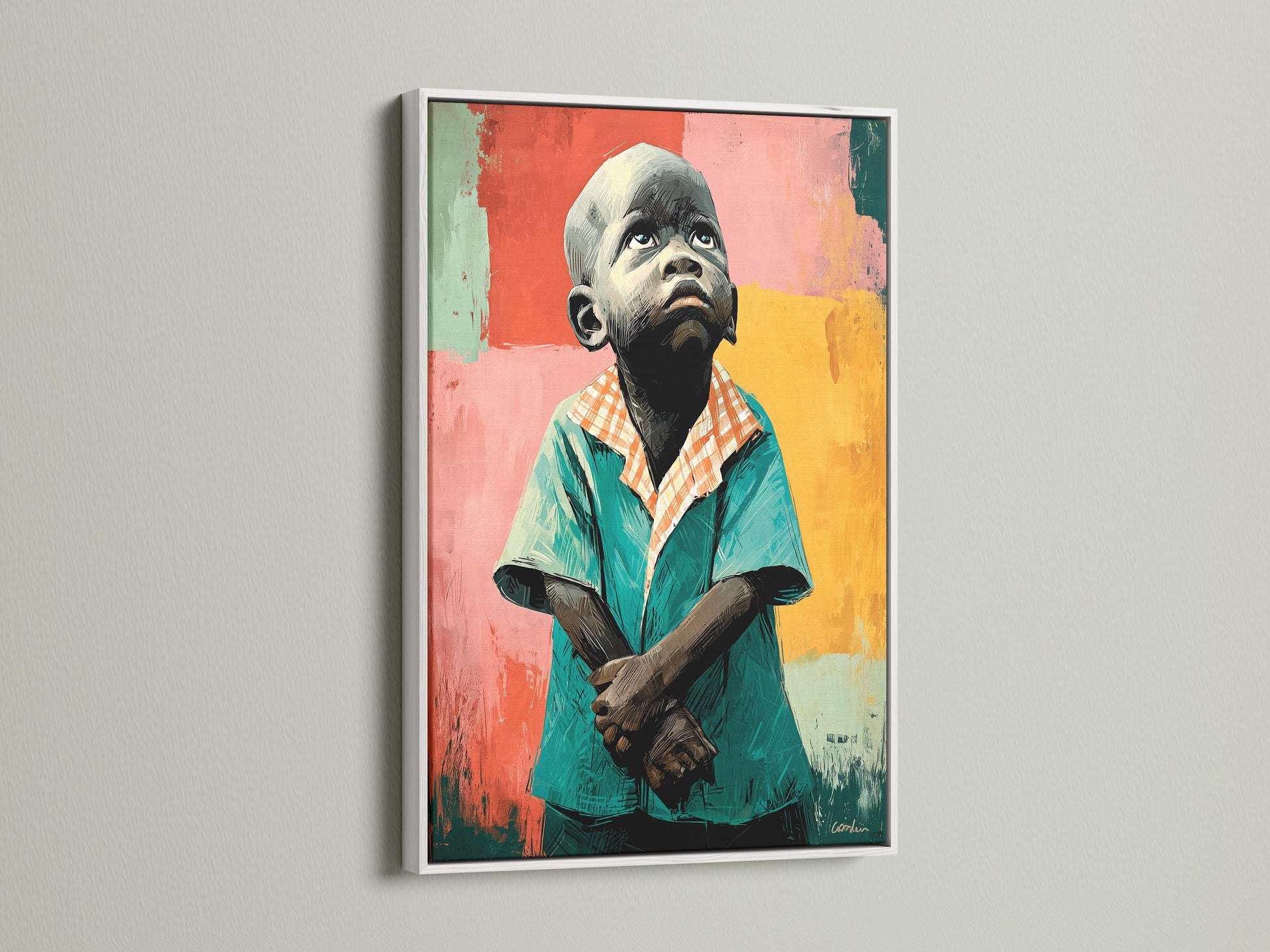 This image displays the Thoughtful Boy artwork in a white frame. The white frame provides a clean modern look. It complements the teal wall art. This emotional artwork is perfect for a bright study room. See how a white frame enhances the expressive print.