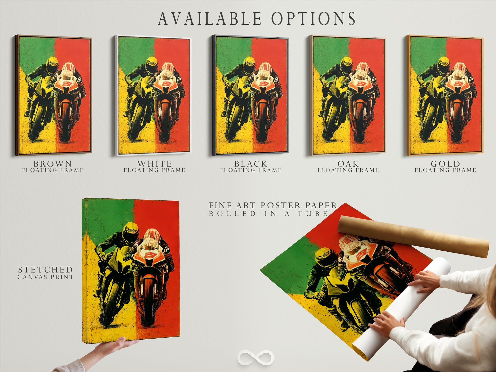 Available options for motorcycle racing artwork are showcased. Choose from stretched canvas prints fine art poster paper or floating frames. This automotive print is customizable to fit your style. The sport bike art is perfect for any space. Elevate your decor with these modern racing artwork options.