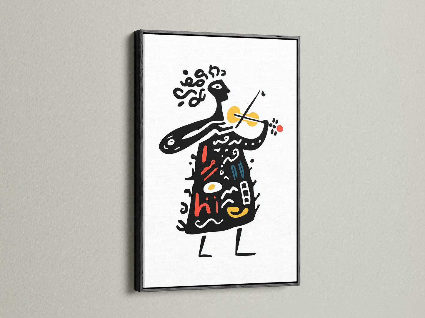 Abstract artwork with a black frame. The art features an abstract person playing a violin. The black frame adds a bold touch. The art is hanging on a white wall. The black frame creates a strong visual impact. Its perfect for contemporary spaces.