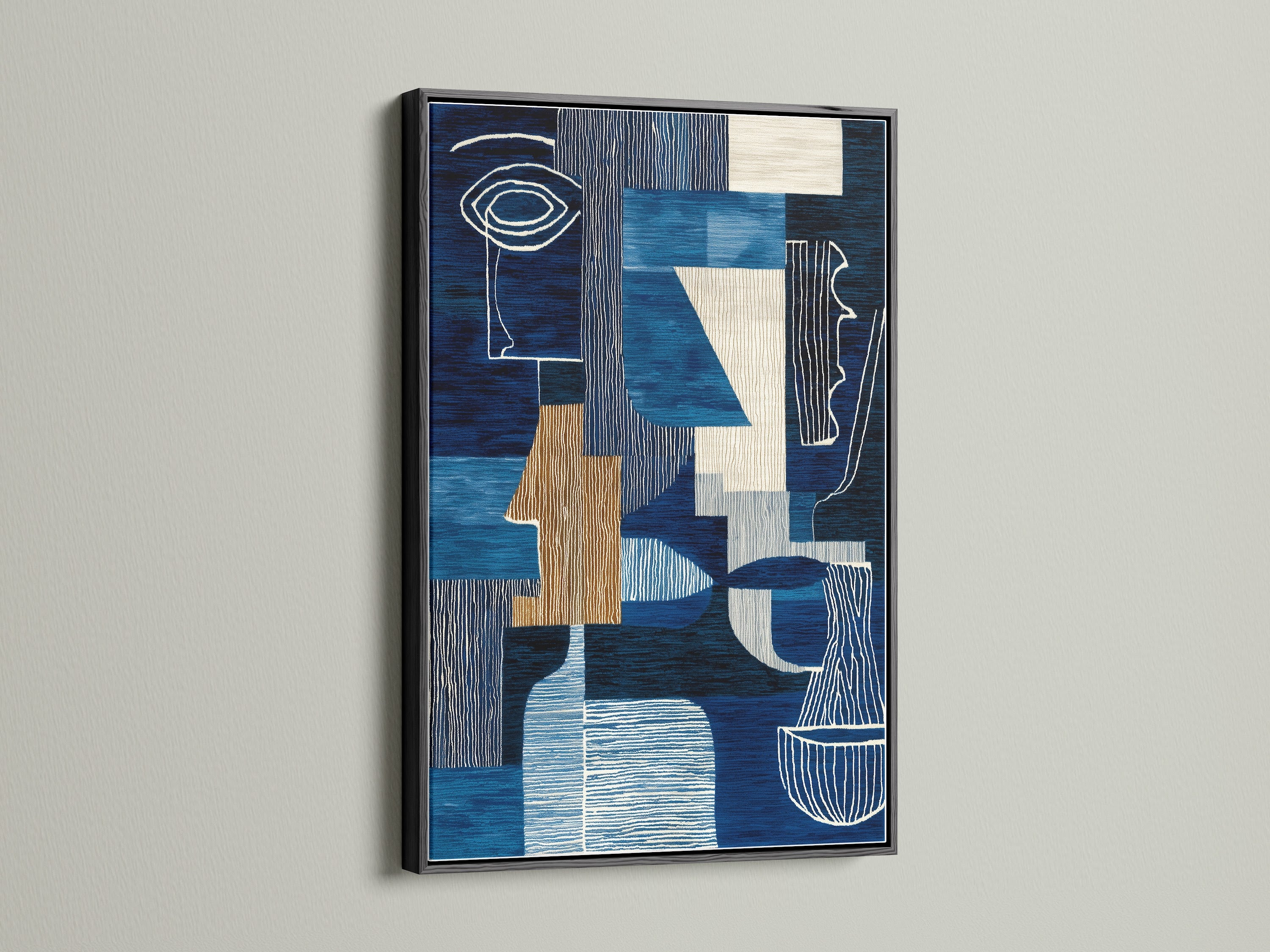 Make a bold statement with our abstract blue artwork framed in sleek black. The geometric navy and white artwork offers a modern touch to your walls. It is perfect for adding sophistication to contemporary and minimalist styled spaces. Order yours today!