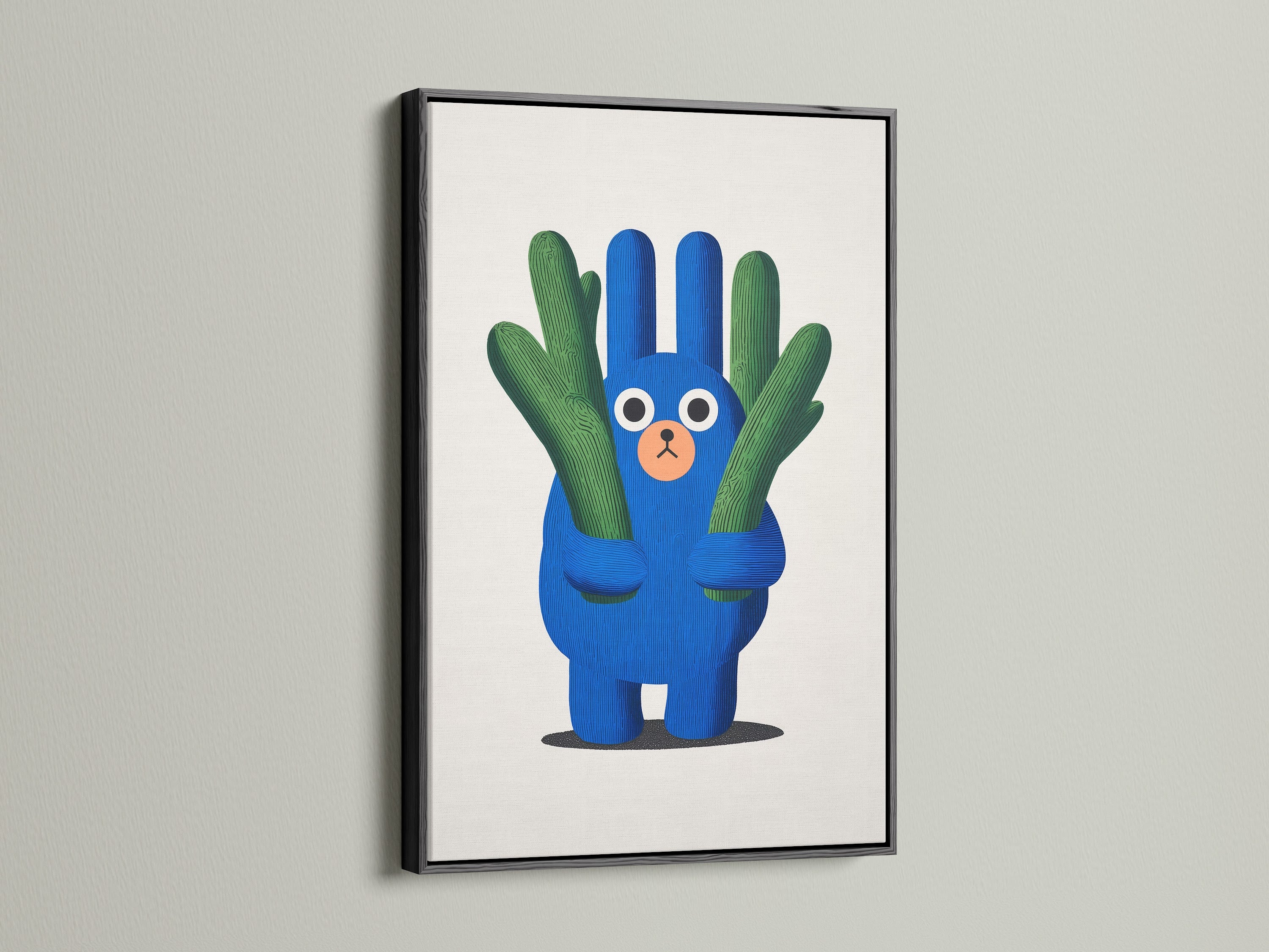 This cute cactus artwork print is framed in a sleek black frame. It enhances the blue green tones of the nursery wall art. Ideal for kids room decor. This plant themed art is a modern touch for any playroom. The artwork is perfect for children.