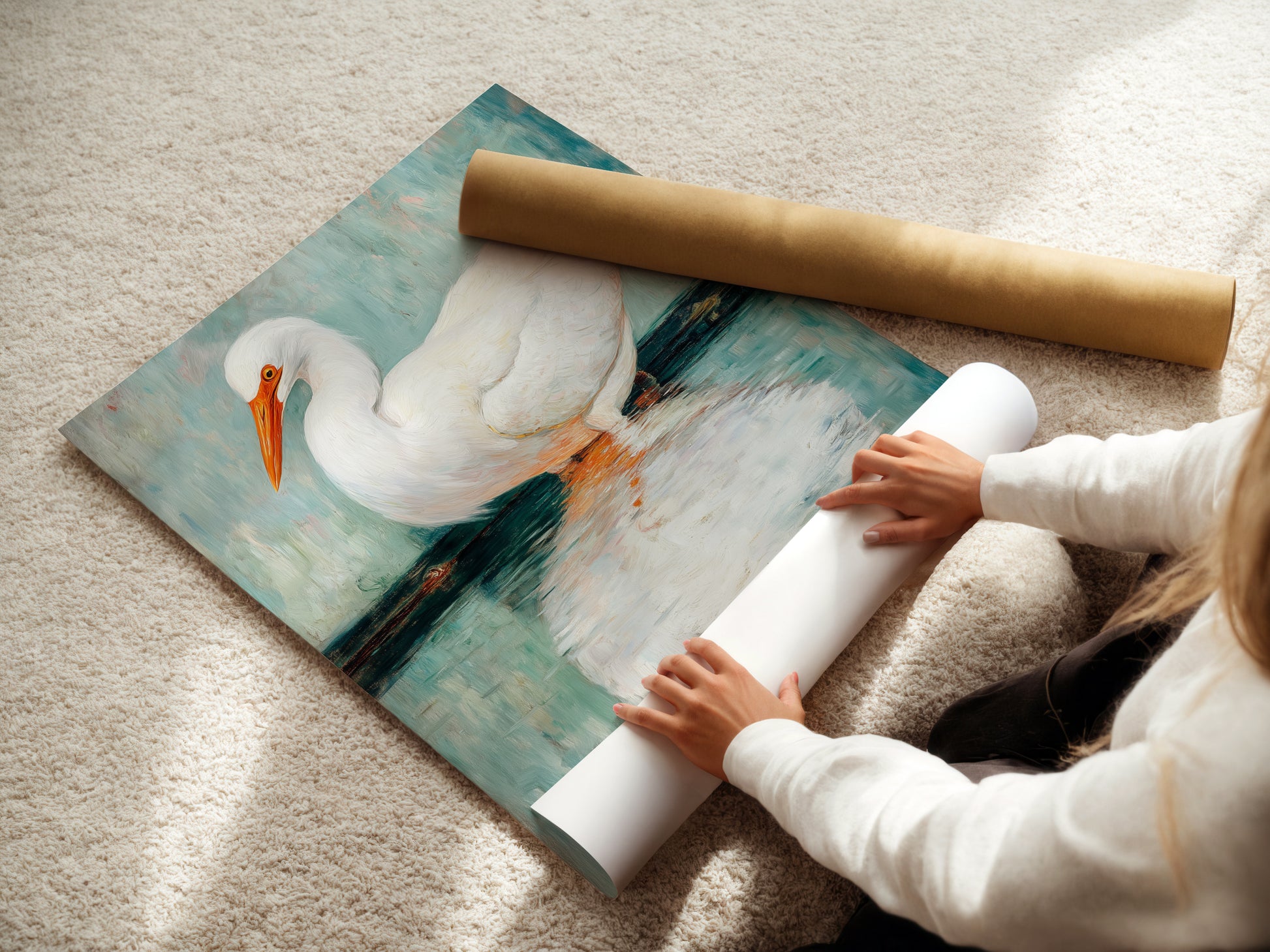 A woman carefully rolls a fine art poster paper print. This Egret artwork is ready for framing. The coastal bird wall art is perfect for any space. Choose this option for versatile decor. Ideal for those who love customizing their art. This heron print is a beautiful addition to your home. Perfect for art enthusiasts.
