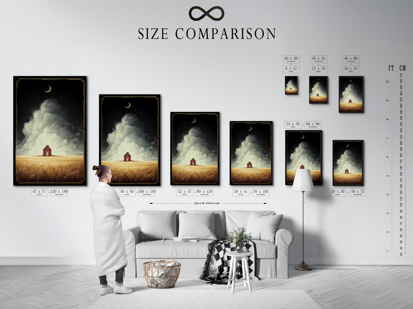 Size comparison chart in an interior setting. The chart showcases various sizes of farmhouse art. The art has a red barn in a golden field landscape. Visualize how different sizes will look in your space. Find the perfect fit for your wall decor needs. Transform your home with this stunning country art print.