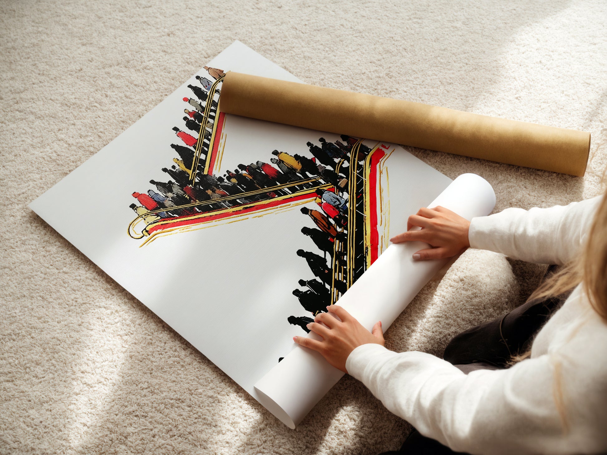A woman carefully rolling a fine art poster paper print. This highlights the care and quality of our prints. The poster paper ensures vibrant colors and sharp details. Perfect for modern office art and urban wall decor. Elevate your space with this fine art piece.