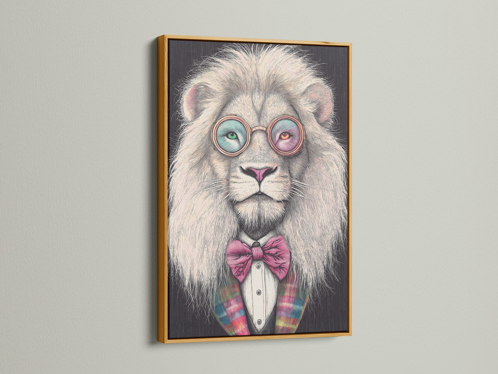 A funny lion print is displayed in a gold frame. The art features a lion with glasses and a bow tie. It adds a touch of whimsy to any wall. This animal portrait art is perfect for home decor.