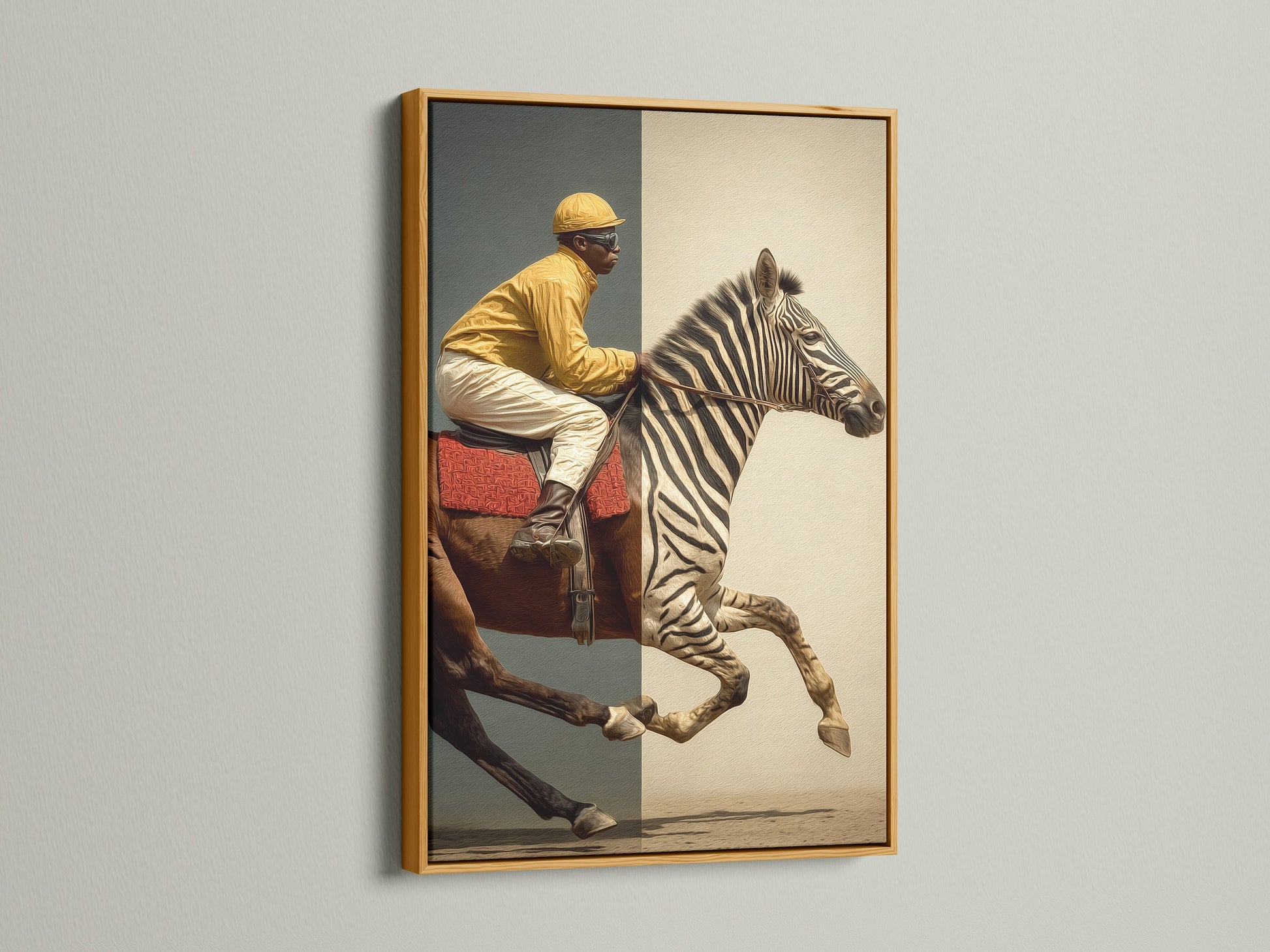 Artwork of a Jockey riding a Zebra and Horse Hybrid. This artwork is displayed in a luxurious gold frame. Gold frames bring warmth and opulence to any room. Discover the perfect framed art to express your style.