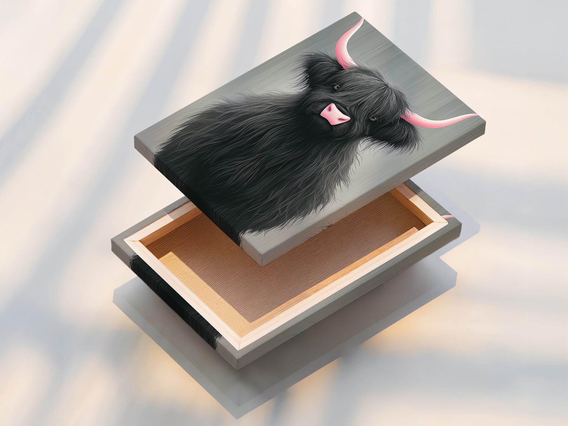 A stretched canvas print of the Highland Cow with pink horns. This ready-to-hang artwork is perfect for adding charm to your walls. The stretched canvas provides a gallery-worthy look. Ideal for farmhouse style or nursery decor. Enjoy this adorable animal artwork.