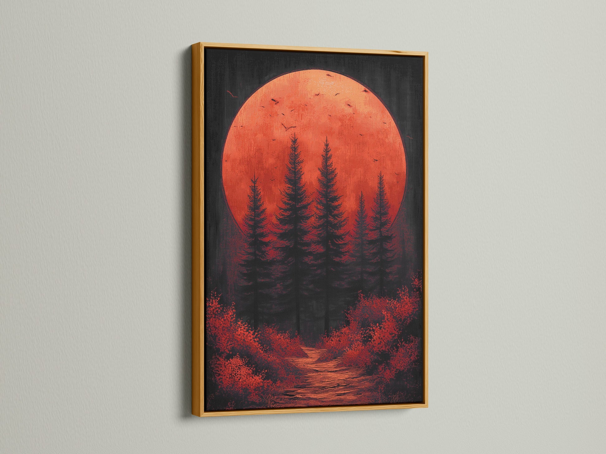 A stunning gold frame showcases the forest moon canvas print. The red orange decor and moody landscape provide a mystical touch. This sunset wall art is ideal for enhancing bedroom accents or studio decor. The gold frame adds elegance.