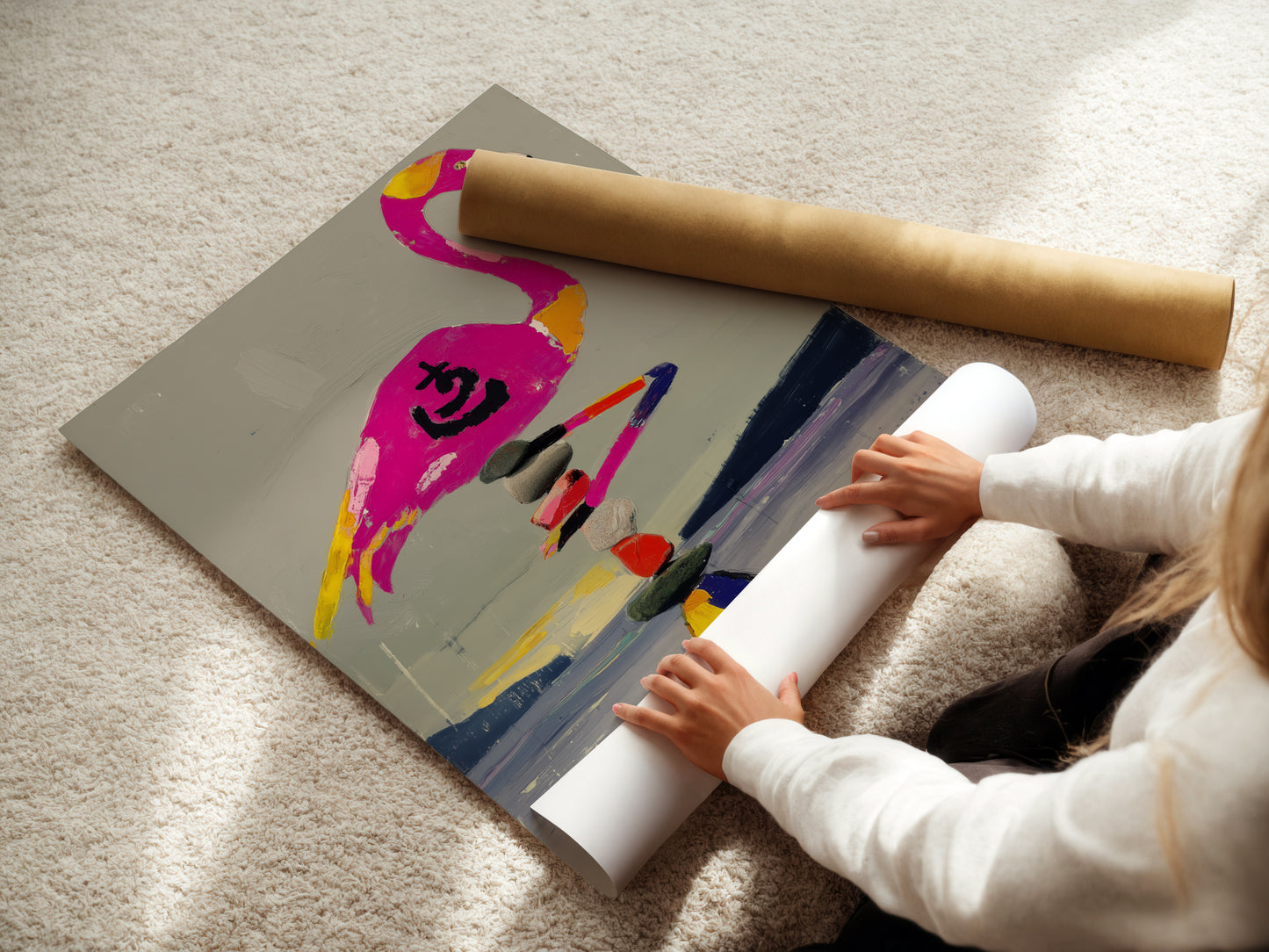 A woman is carefully unrolling a fine art poster paper print. The paper showcases a flamingo balancing on a zen stone stack. This high-quality print is perfect for framing. It brings a touch of zen and tropical charm to your home.