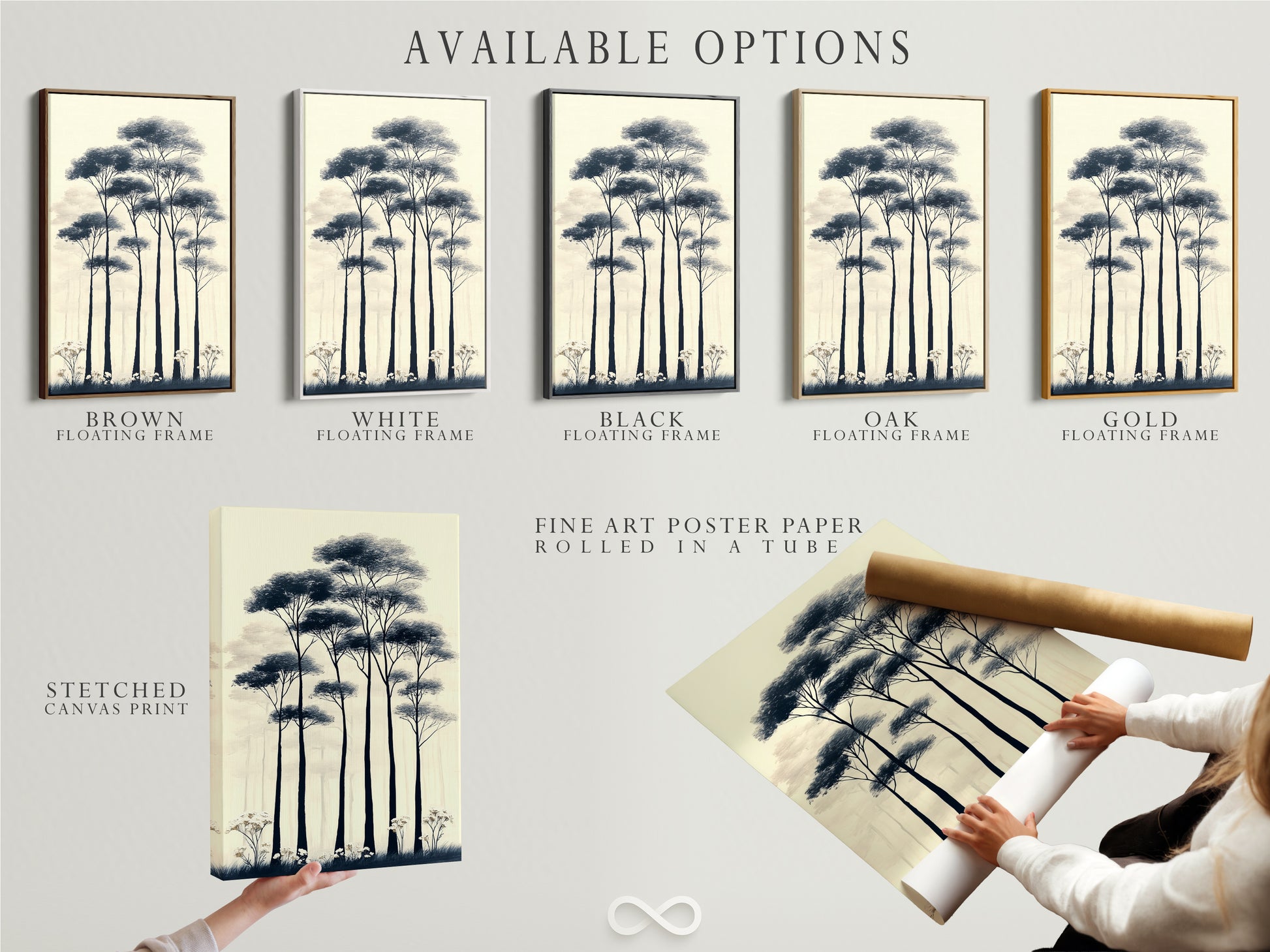 Explore available options for your forest trees artwork. Choose from a stretched canvas print. A fine art poster paper or a floating frame. Customize your minimalist nature art to fit your style. Perfect for Scandi decor and adding a touch of tranquility to your home.