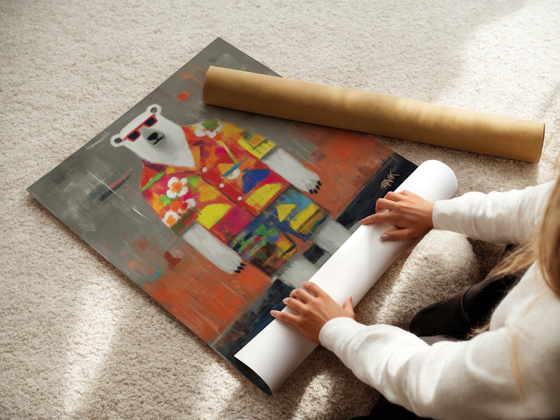 A woman rolls a fine art poster paper featuring a cool polar bear. The artwork is a quirky animal print. The art is perfect for adding a playful touch to any room. Consider this for kids room decor or a fun living room piece.