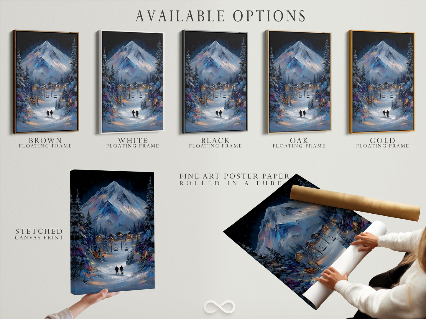 Explore available options for your winter mountain artwork. Options include stretched canvas print. Fine art poster paper and floating frame options are available. Customize your ski lodge decor with our versatile art choices. Create a cozy cabin ambiance.