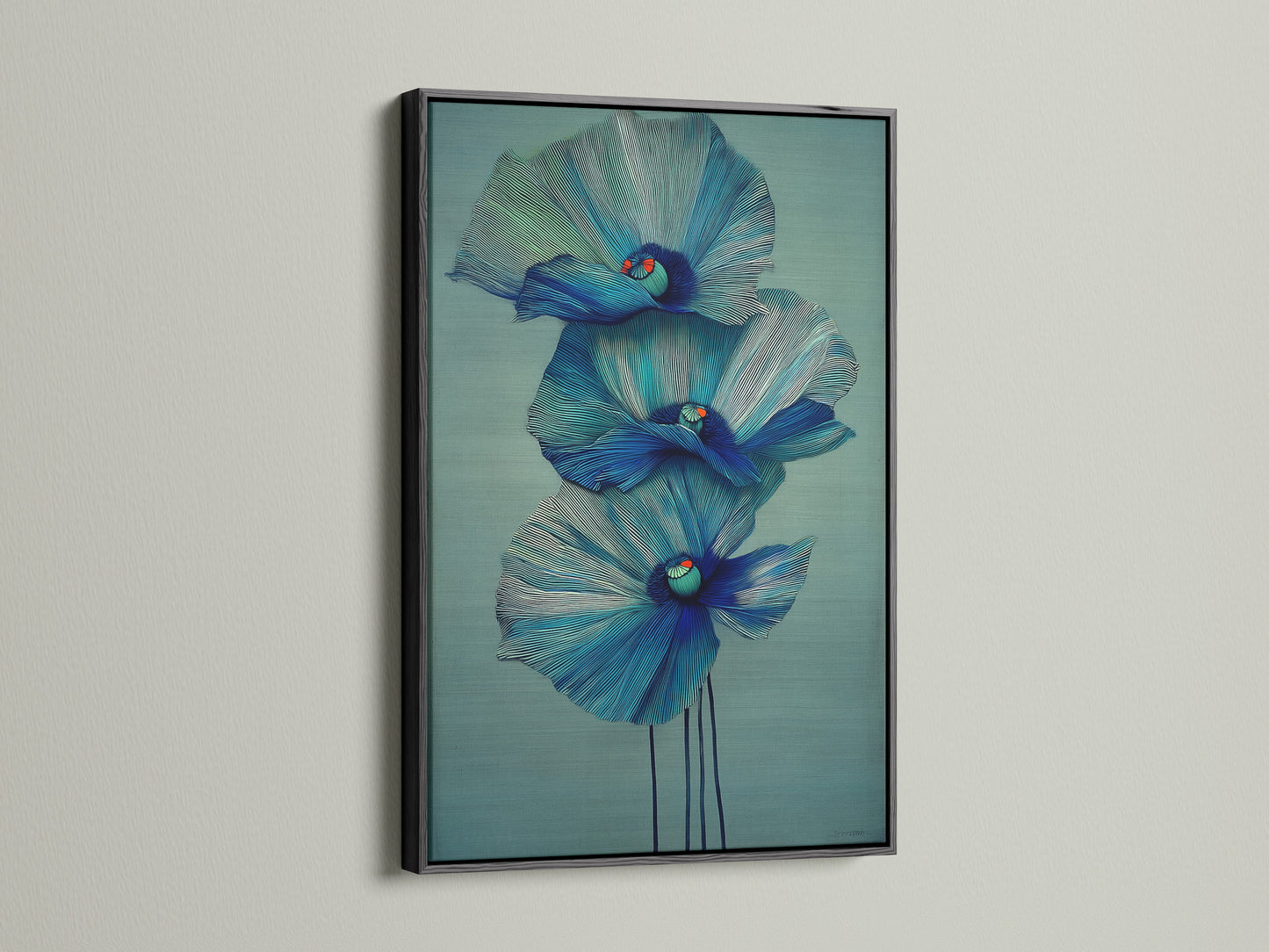 This black frame provides a striking contrast to the blue floral canvas print. The dark frame makes the teal flower artwork pop. Perfect for adding a bold statement to your bedroom wall decor. A sophisticated choice for modern art lovers