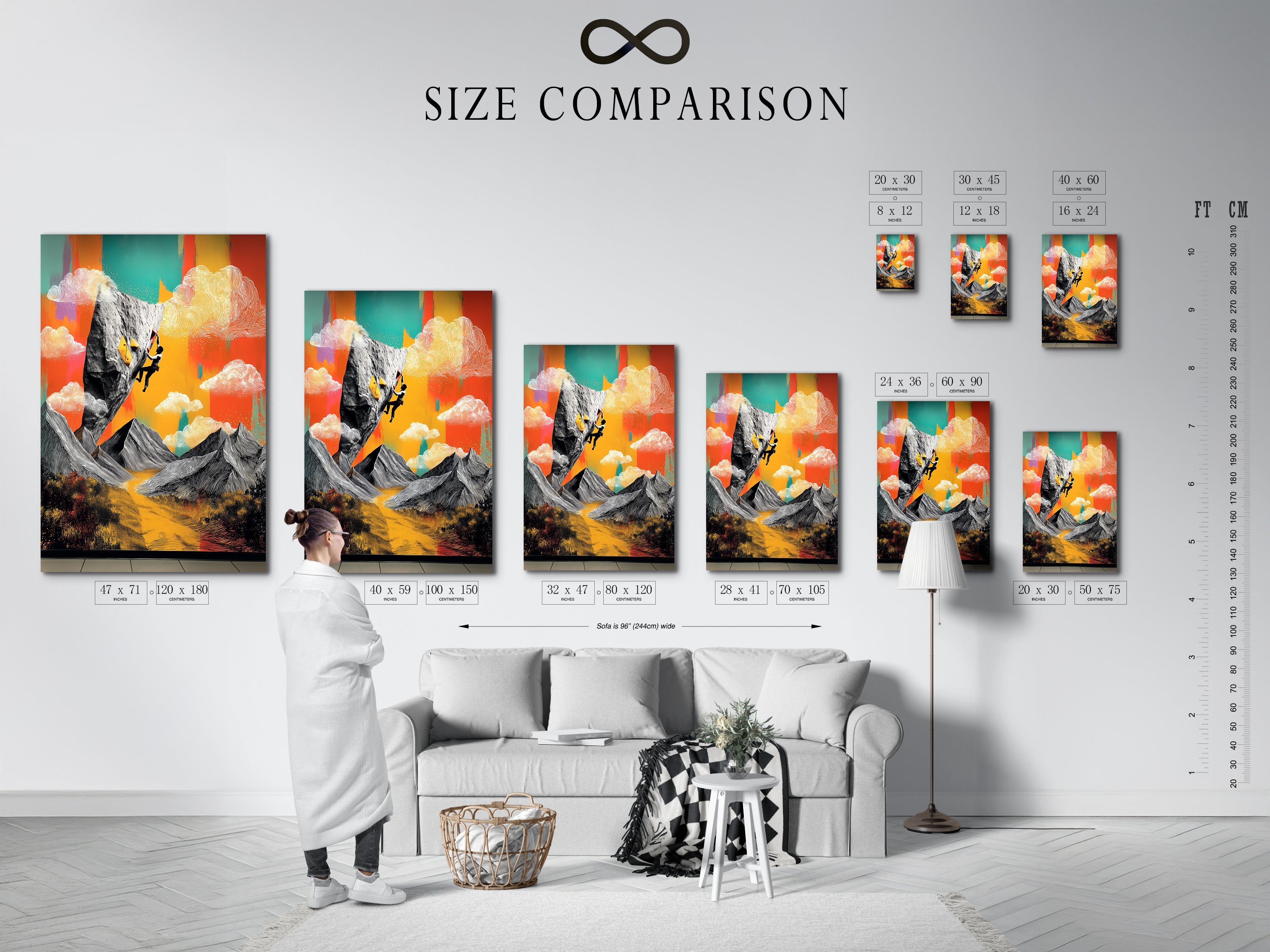 Size comparison chart showing the artwork in an interior setting. The chart helps you visualize the different sizes. Choose the perfect size for your space. See how this rock climbing art enhances any room.