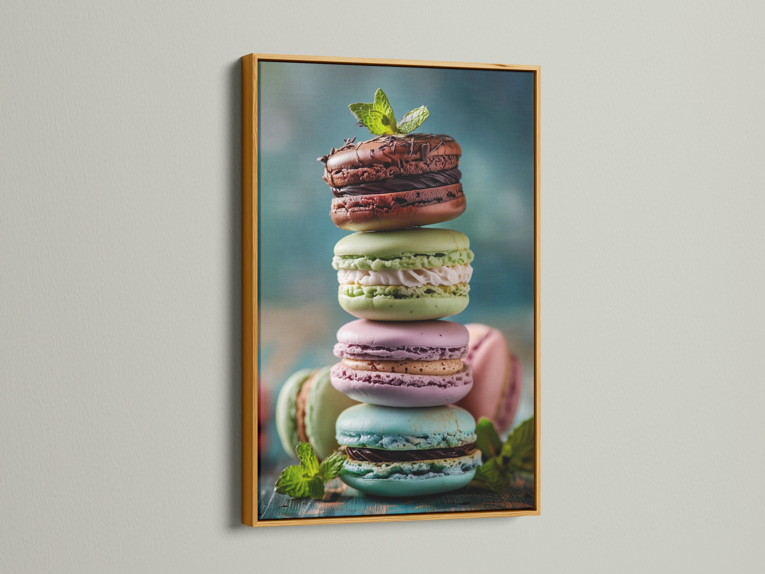 A stack of colorful macarons is displayed in a luxurious gold frame. The gold frame adds a touch of glamour to the sweet treat artwork. Enhance your space with this elegant artwork. Discover the opulence of gold frames.