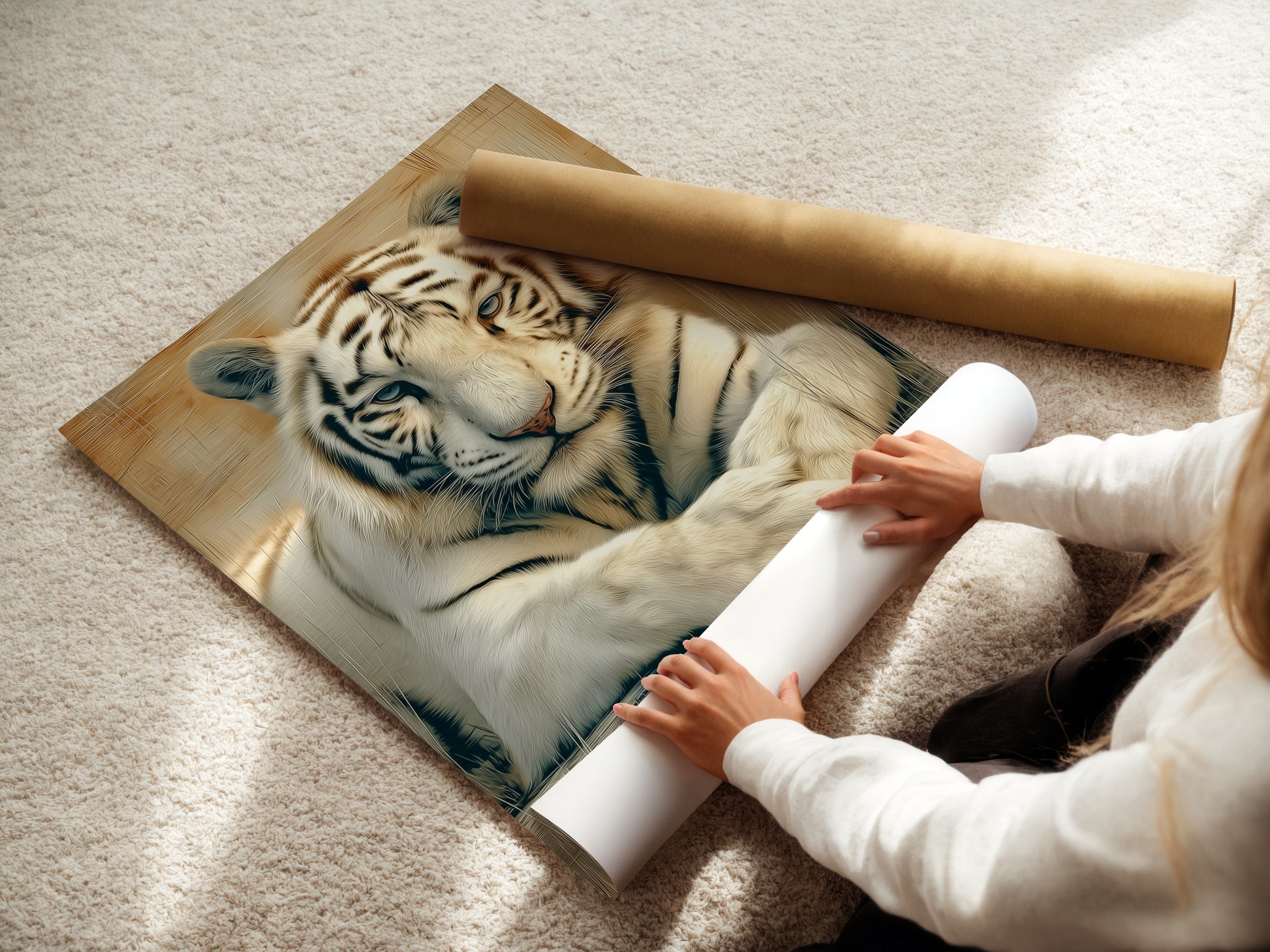 A woman is carefully rolling a fine art poster paper. The majestic white tiger artwork is printed on high quality material. Order your big cat print on fine art paper for a gallery quality display.