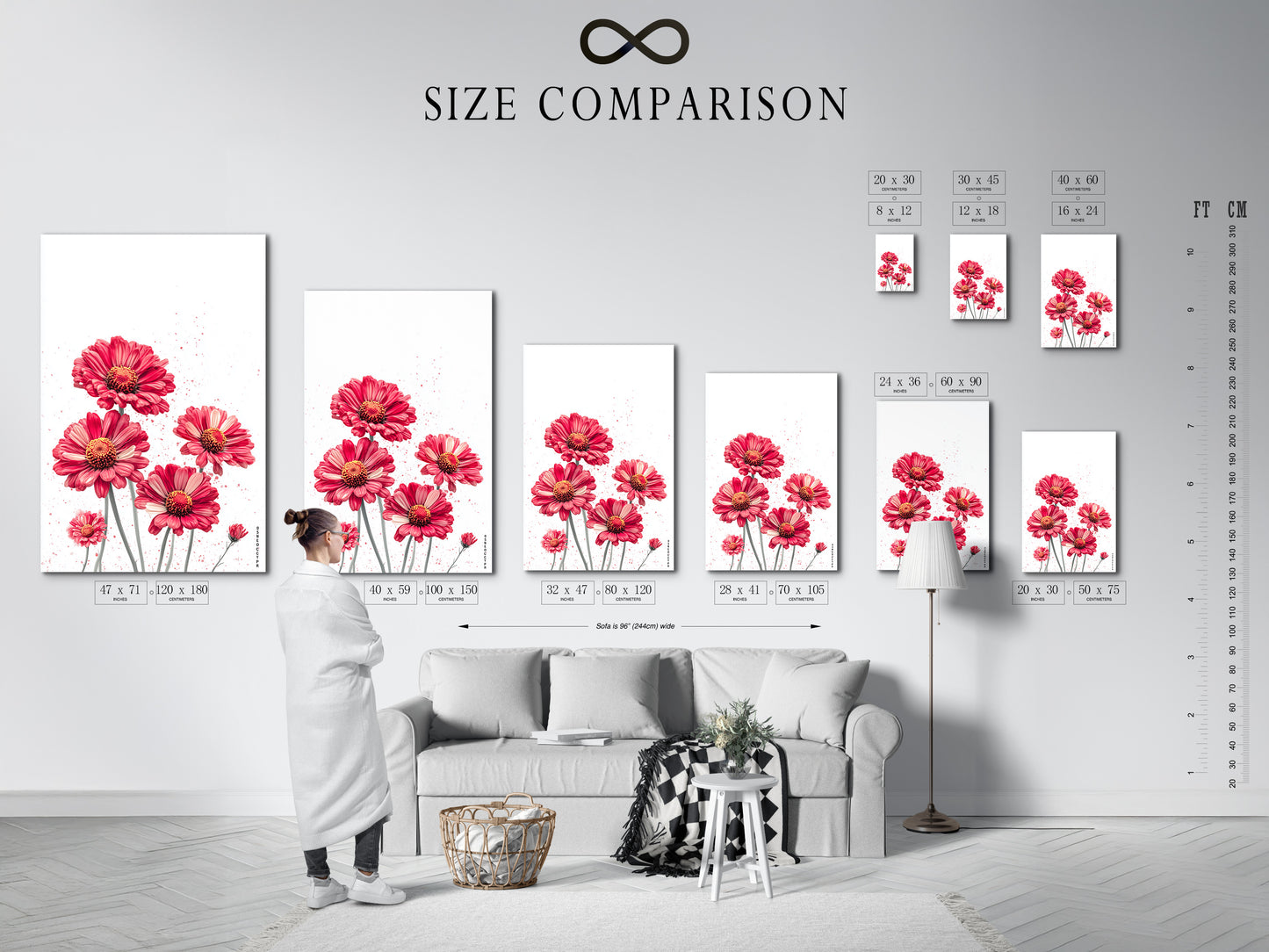A size comparison chart is displayed in an interior setting. The chart shows available sizes for the red floral canvas print. Helping customers visualize the perfect fit for their space. Find the ideal flower wall art.