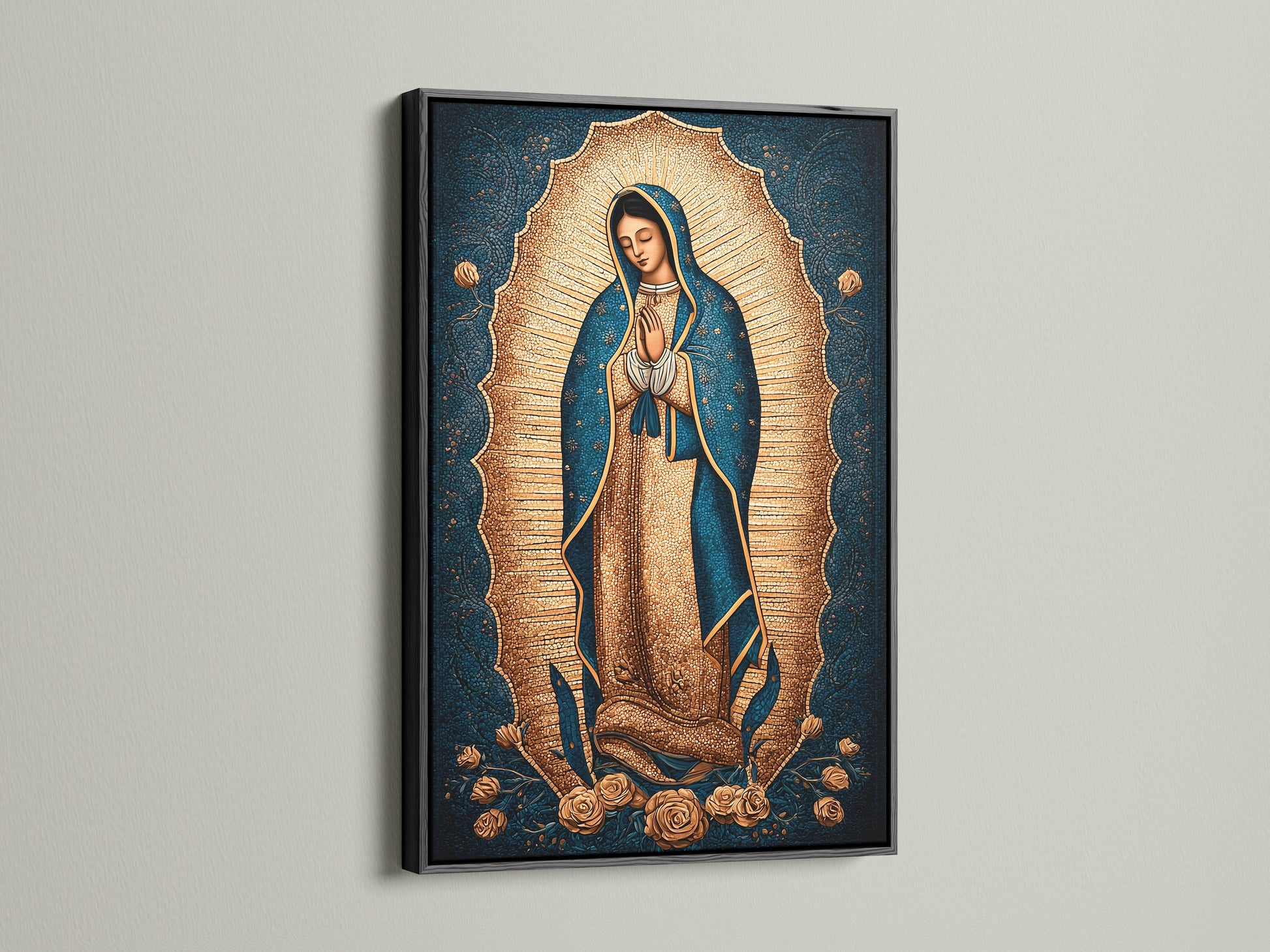 Our Lady of Guadalupe artwork is elegantly presented in a black frame. This Madonna wall art adds a classic touch to any space. It is perfect as Catholic home art or religious decor. Enhance your altar wall with this sacred art print.