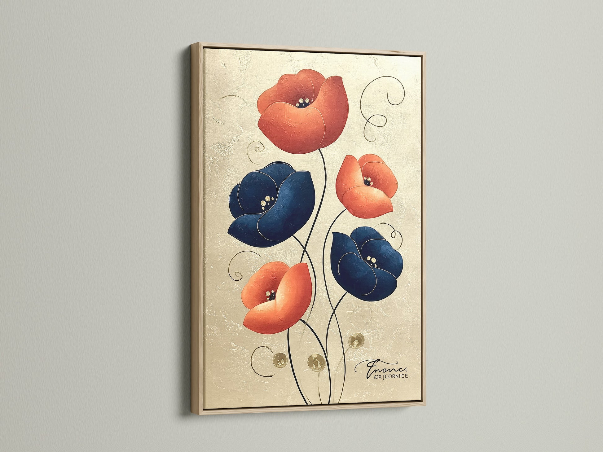 Floral canvas art print with an oak frame. The artwork features bold navy blue and coral flowers. This is perfect wall decor complements minimalist Scandinavian or contemporary aesthetics. Ideal for any room.