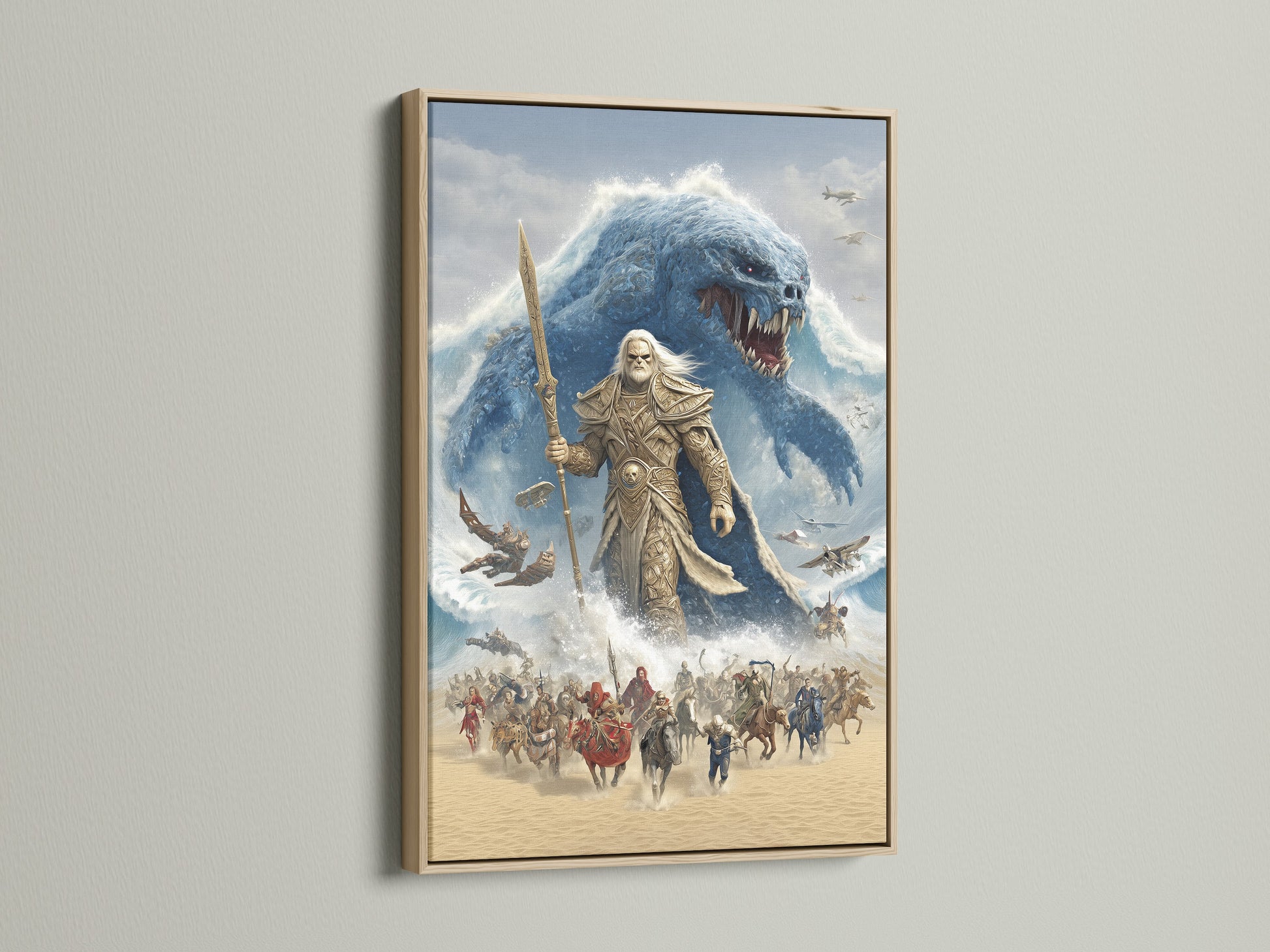 This image showcases the epic fantasy art print beautifully displayed in an oak frame. The natural wood grain complements the blue fantasy art. The artwork illustrates a dramatic battle between an ancient warrior and a sea monster. Ideal for adding a touch of mythology to your home decor.