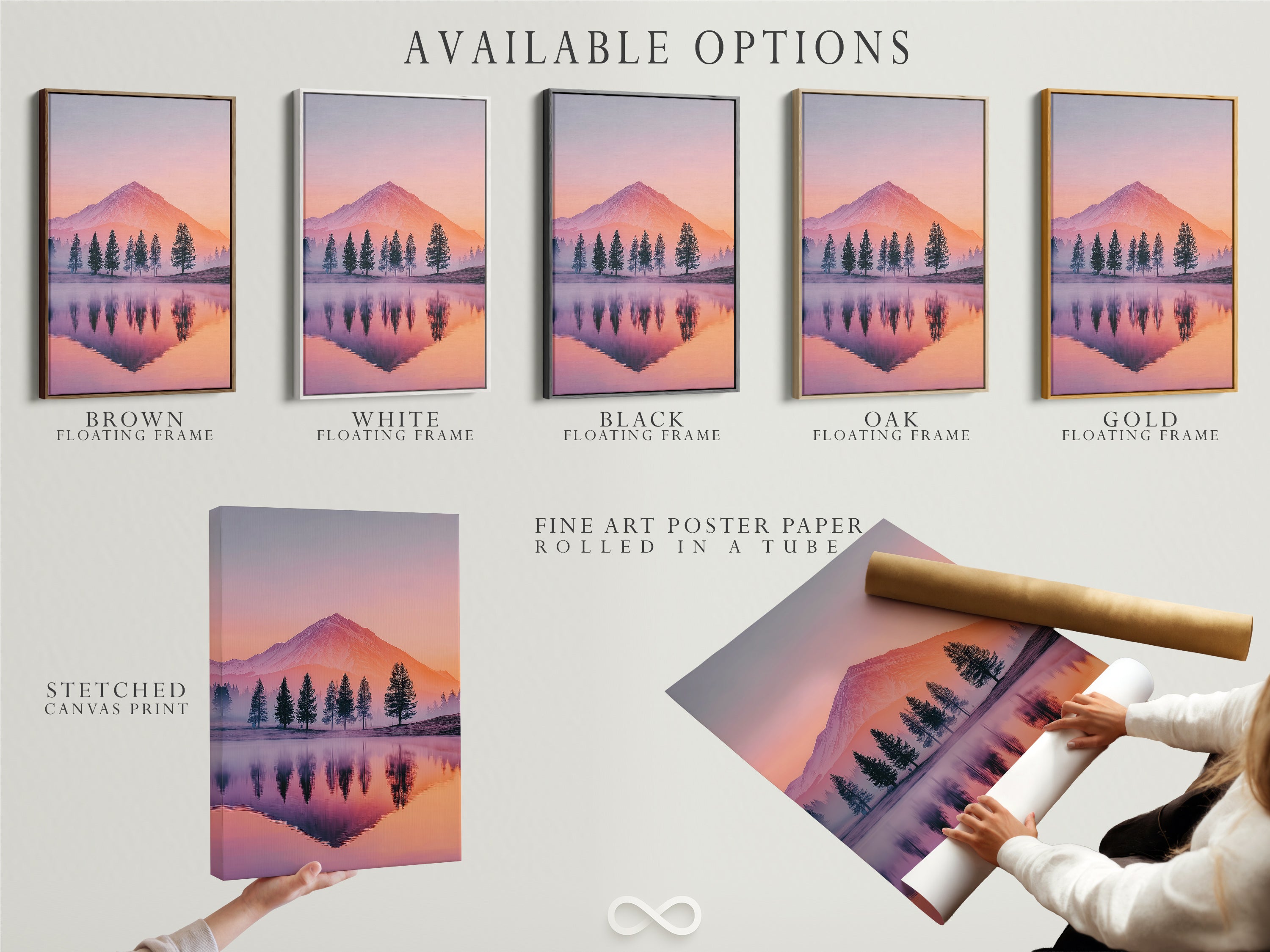 Explore available options for this mountain lake artwork. Choose from stretched canvas prints fine art poster paper or a floating frame. Pastel sky colors and serene landscape create a calming effect. Find your perfect piece.