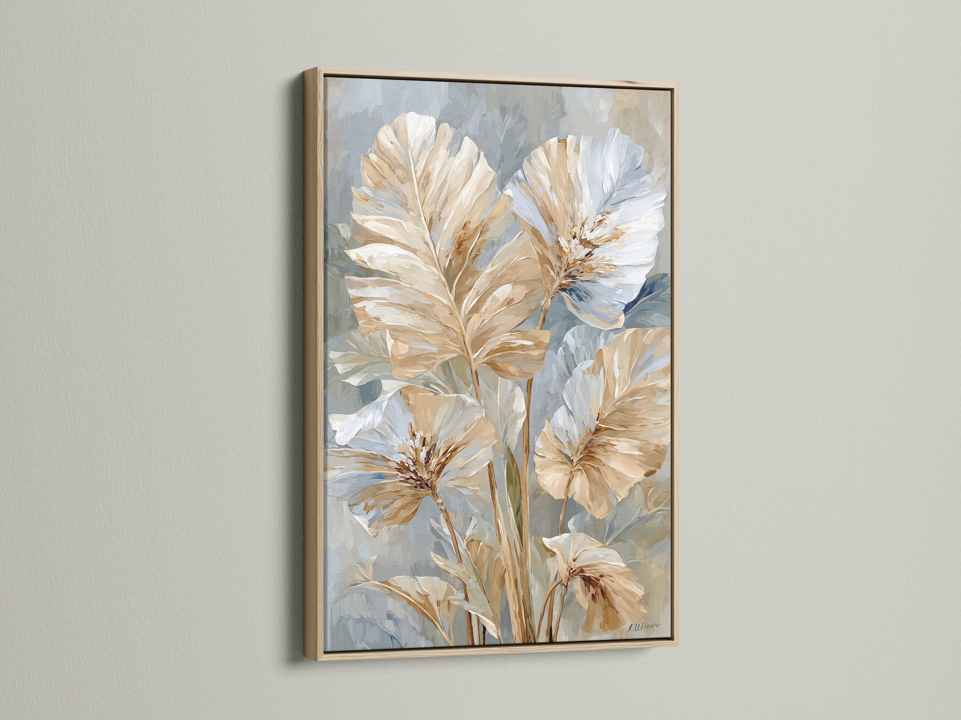 Beige and blue neutral floral artwork in an oak frame. The art is modern botanical. It would look great in minimalist Scandinavian or contemporary spaces. This art is perfect for living rooms bedrooms offices studios lobbies clinics and waiting rooms.