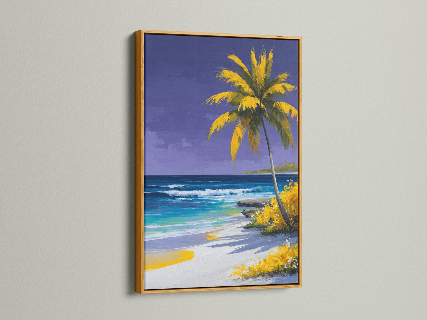 Tropical beach artwork in a gold frame hangs on a white wall. This coastal paradise artwork features a palm tree ocean scene. Infuse your space with elegance with this stunning beach artwork.