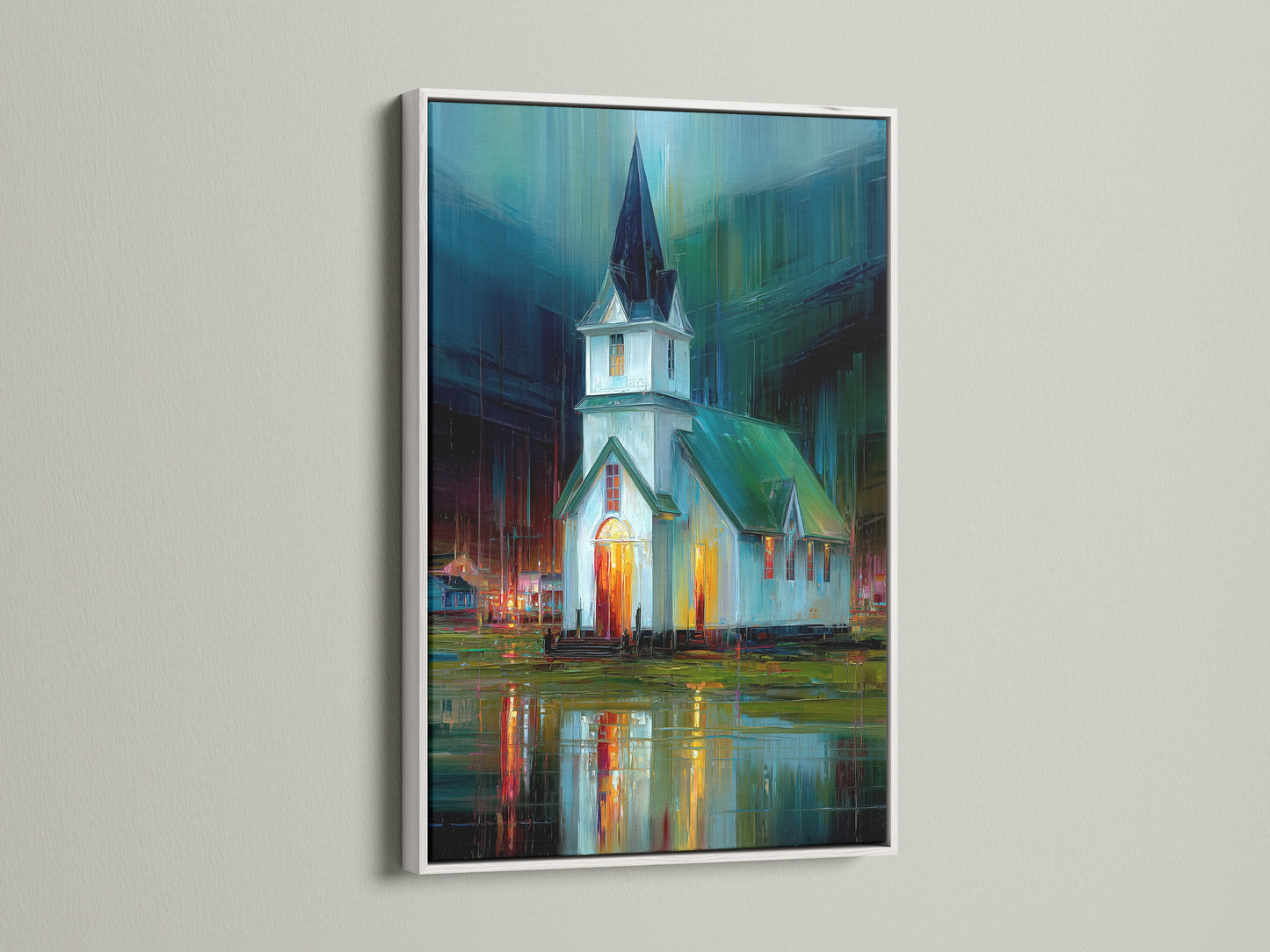 Church at Night Canvas Print with a white frame. This fine art piece brings a modern touch to any room. The white frame highlights the teal and orange hues of the impressionist art. Perfect for homeowners renters and interior designers seeking elevated artwork. Enhance your office decor with this religious artwork.
