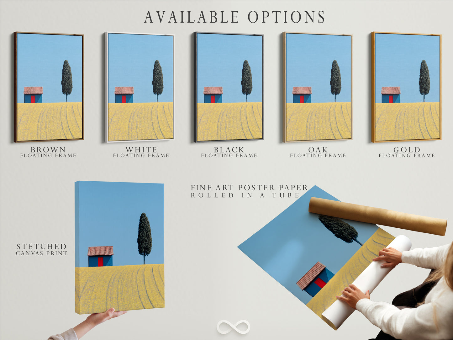 Available options for tuscany landscape artwork are displayed. This includes a stretched canvas print fine art poster paper and floating frame. Choose the perfect format to suit your style. Enhance your home with Italian countryside decor.
