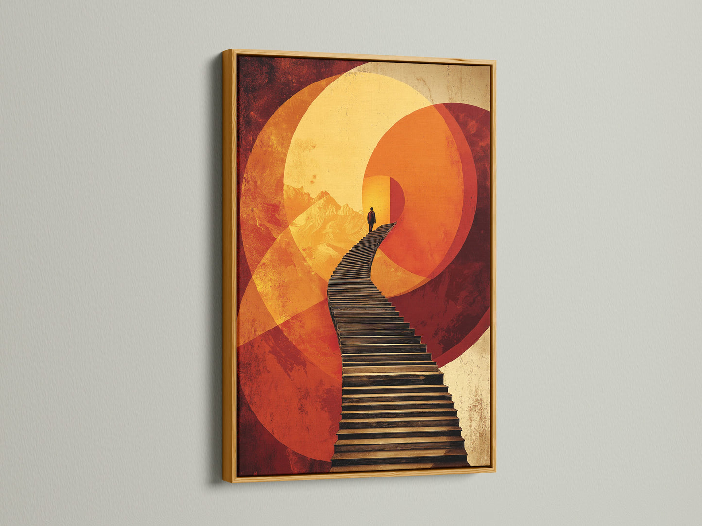 The surreal stairway abstract artwork is presented in a gold frame. This abstract figure wall art exudes luxury. Geometric sunset poster for office wall decor shines. Enhance your space with this contemporary print.